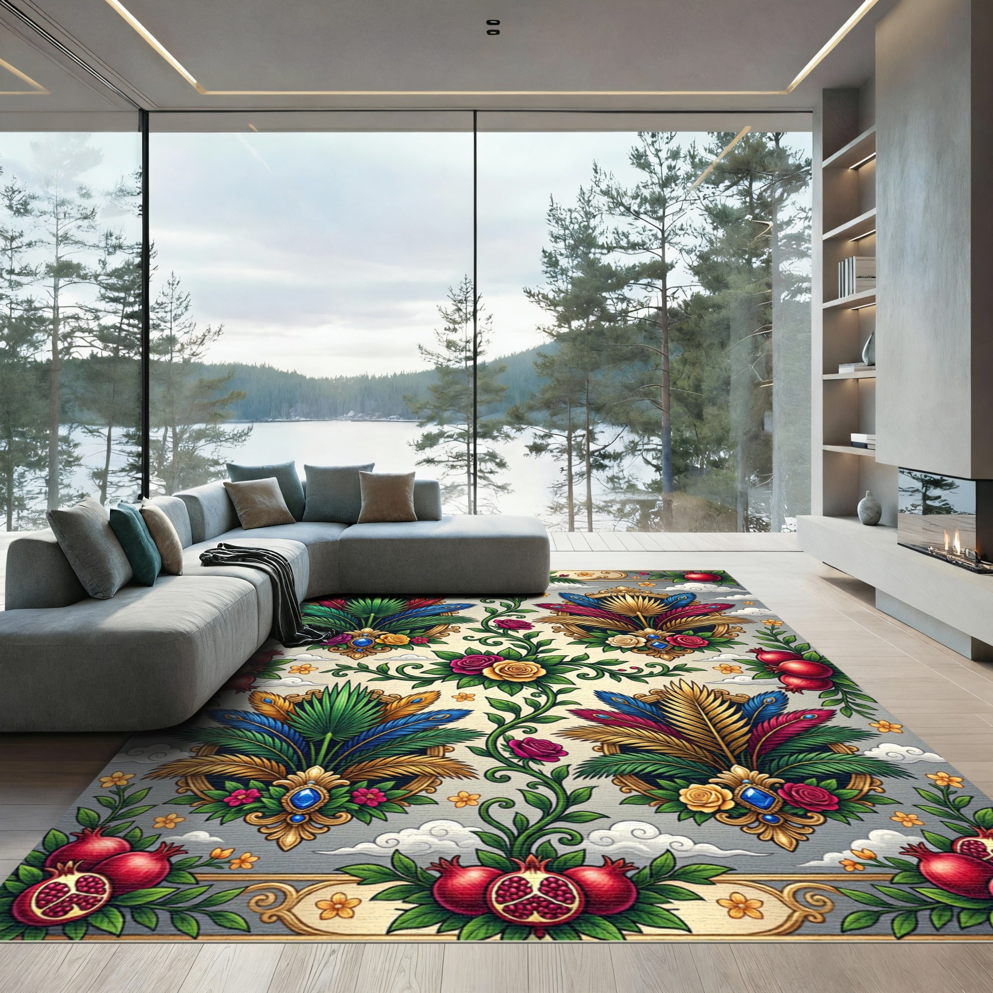 Ornate Pomegranate and Feather Gemstone Tapestry Rug