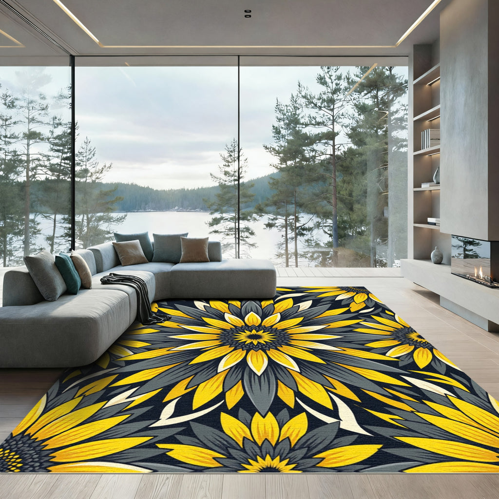 Vibrant Yellow and Charcoal Sunflower Mandala Rug