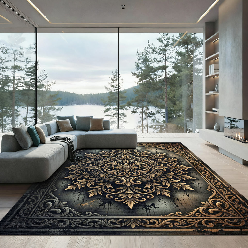 Ornate Golden Floral Damask Medallion Rug