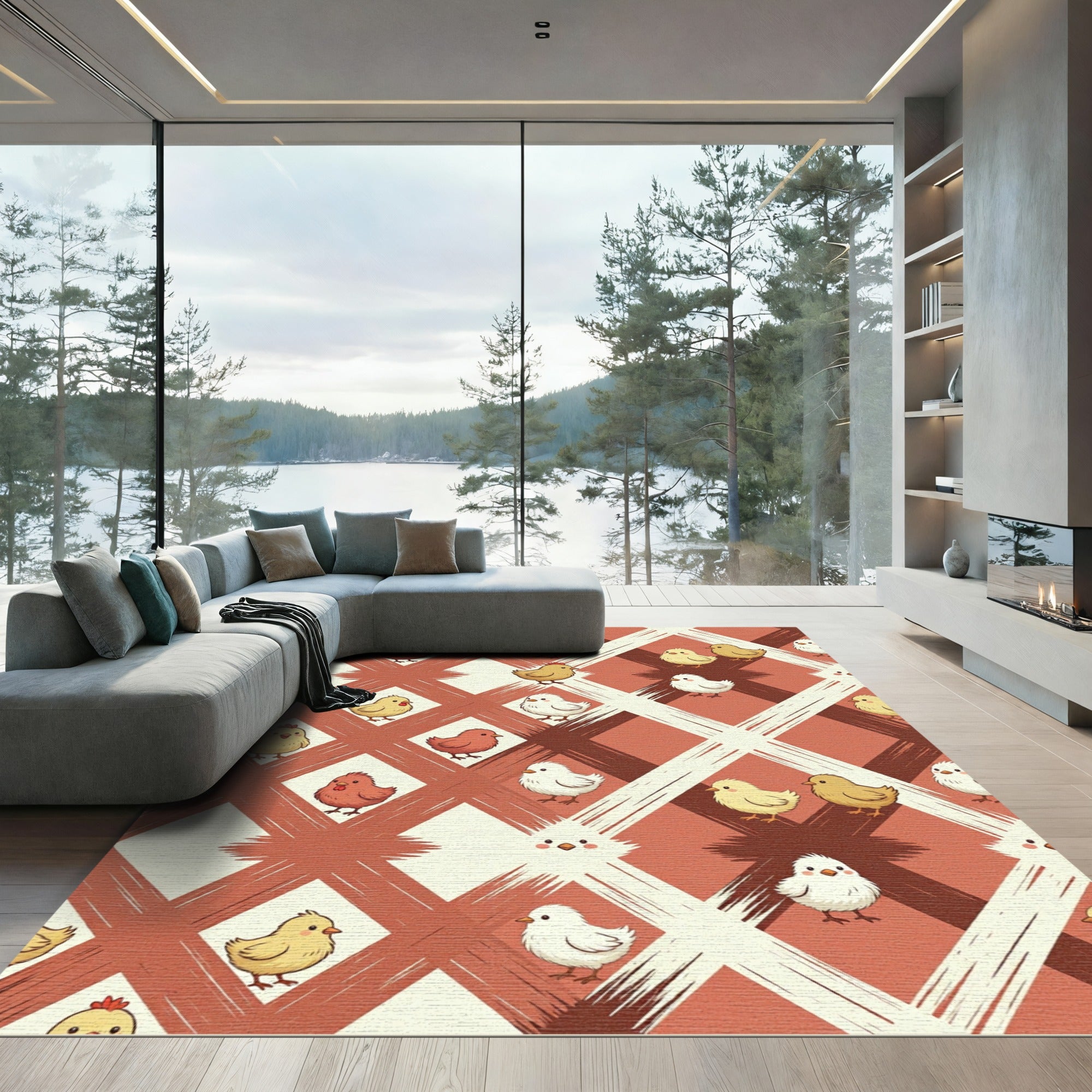 Whimsical Yellow Chick Diamond Plaid Rug