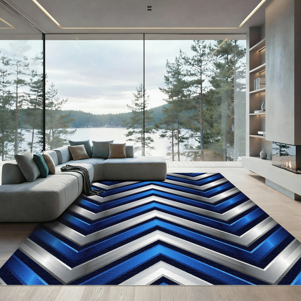 Metallic Blue and Silver Chevron Geometric Rug