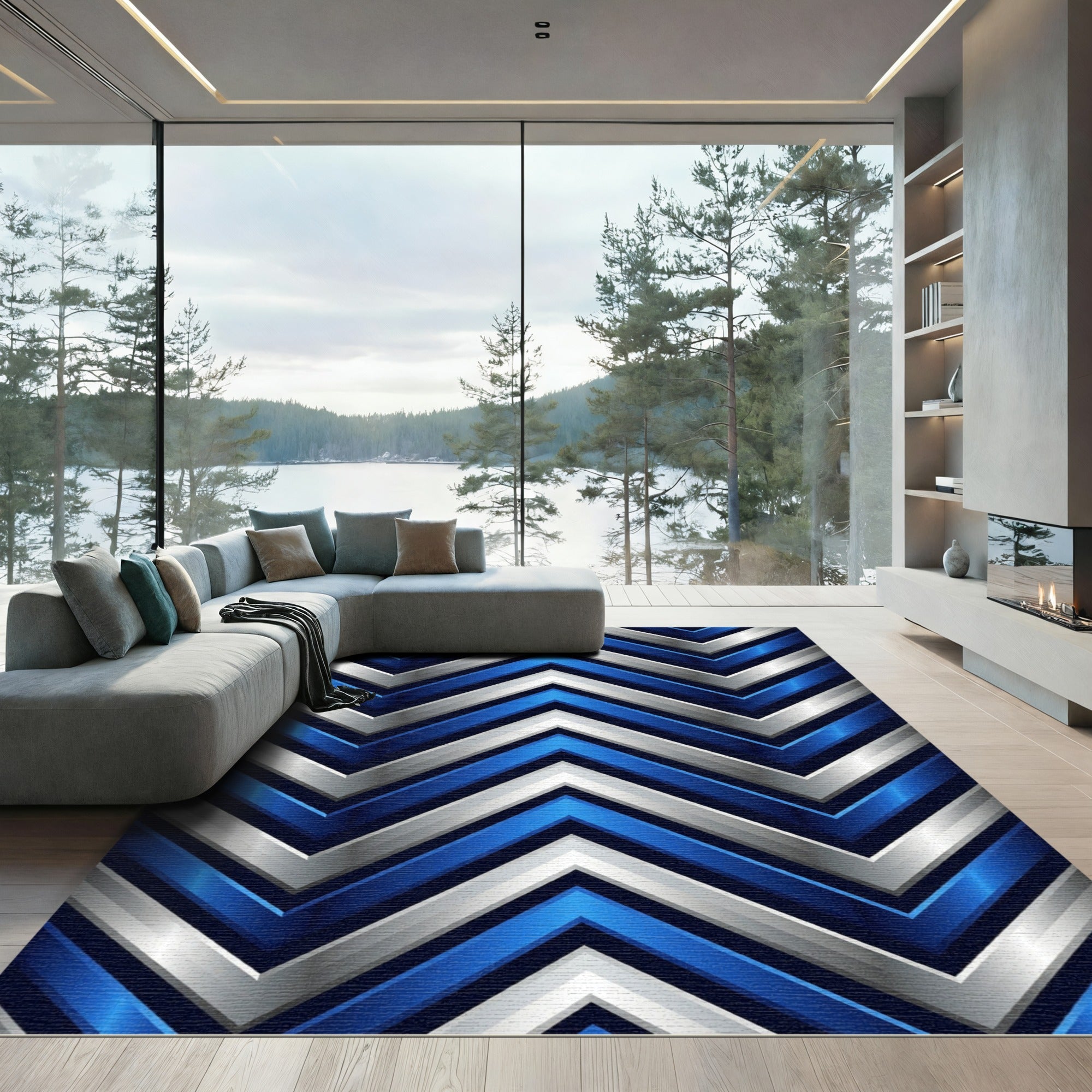 Metallic Blue and Silver Chevron Geometric Rug