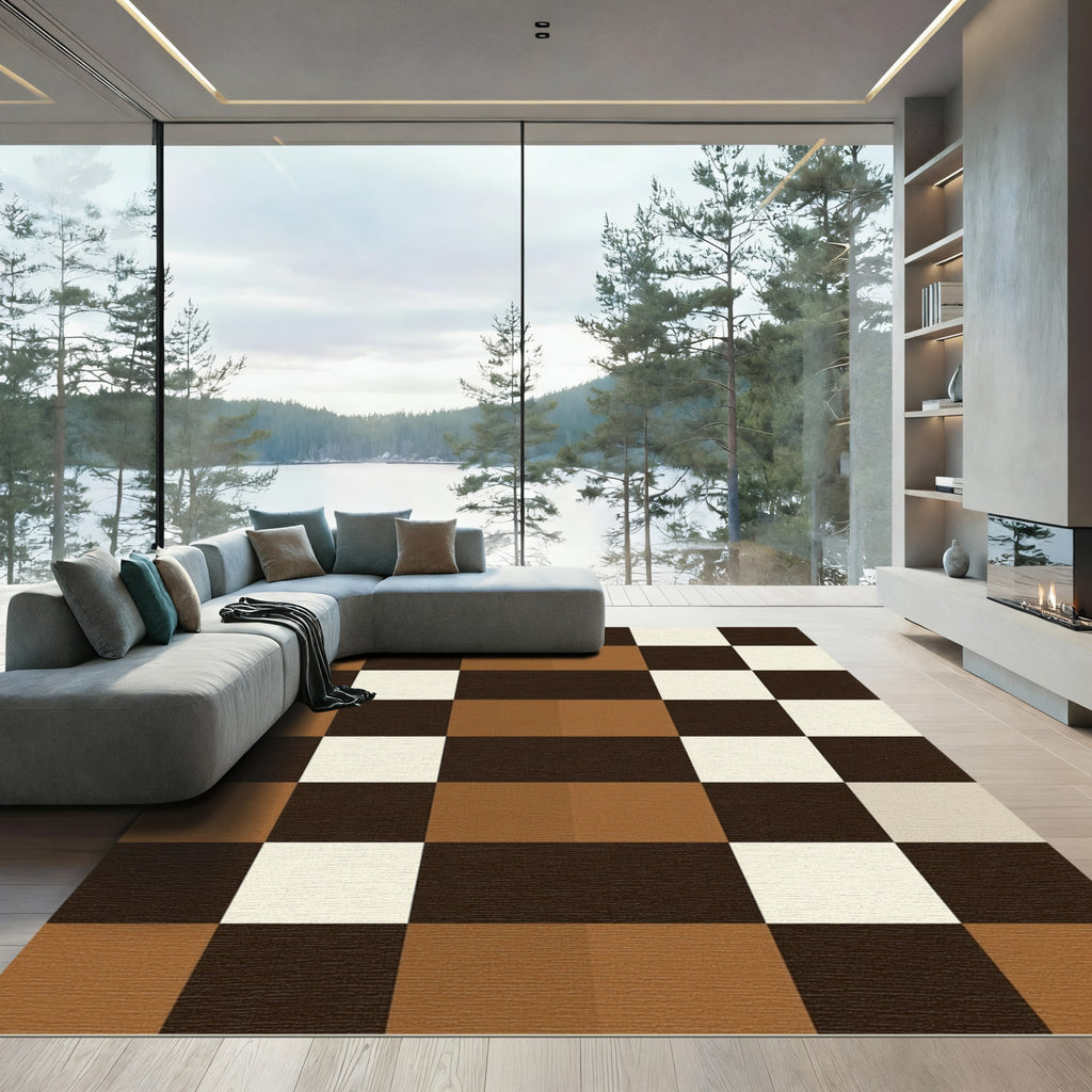 Modern Brown and Cream Geometric Check Rug