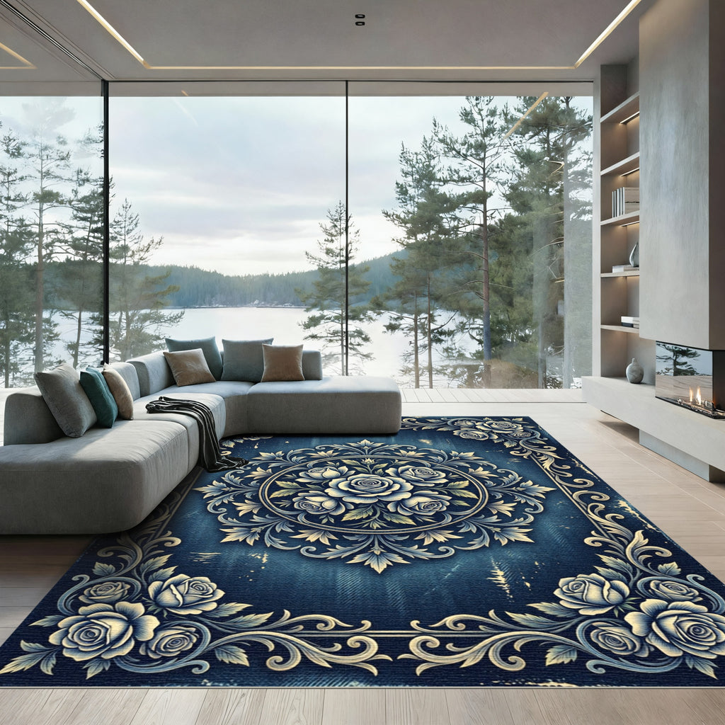 Vintage Indigo Rose Medallion Floral Rug