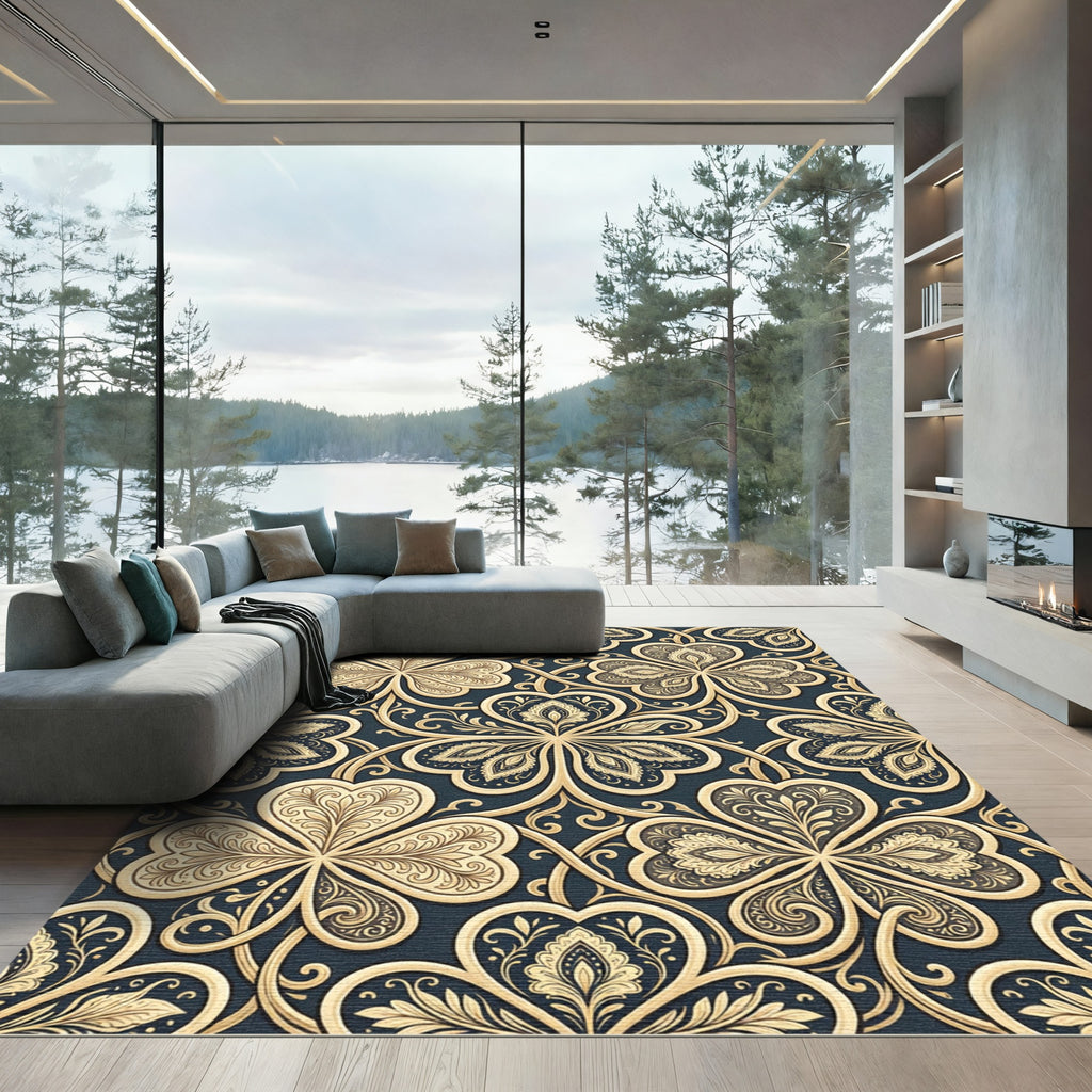 Ornate Golden Clover Charcoal Damask Rug