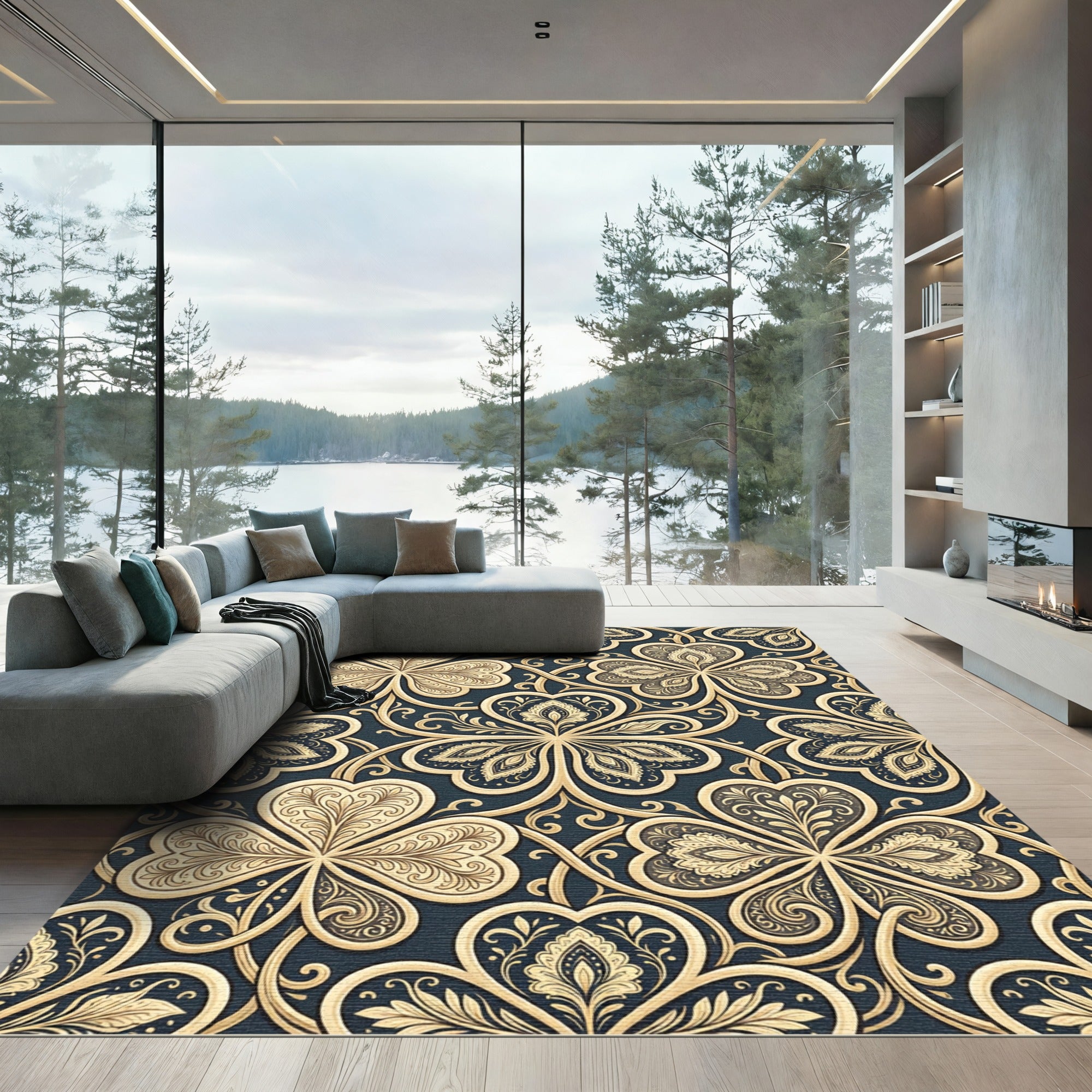 Ornate Golden Clover Charcoal Damask Rug