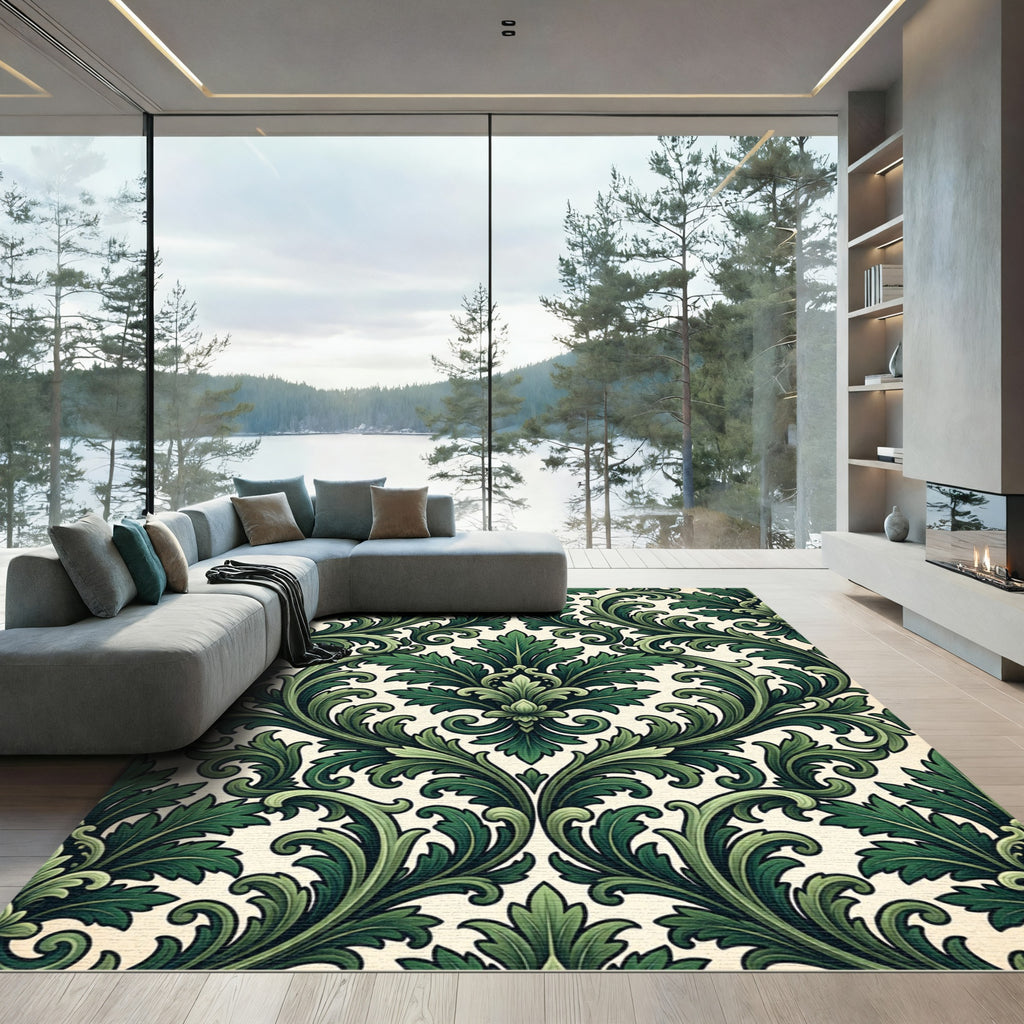 Emerald Green Baroque Floral Swirl Rug