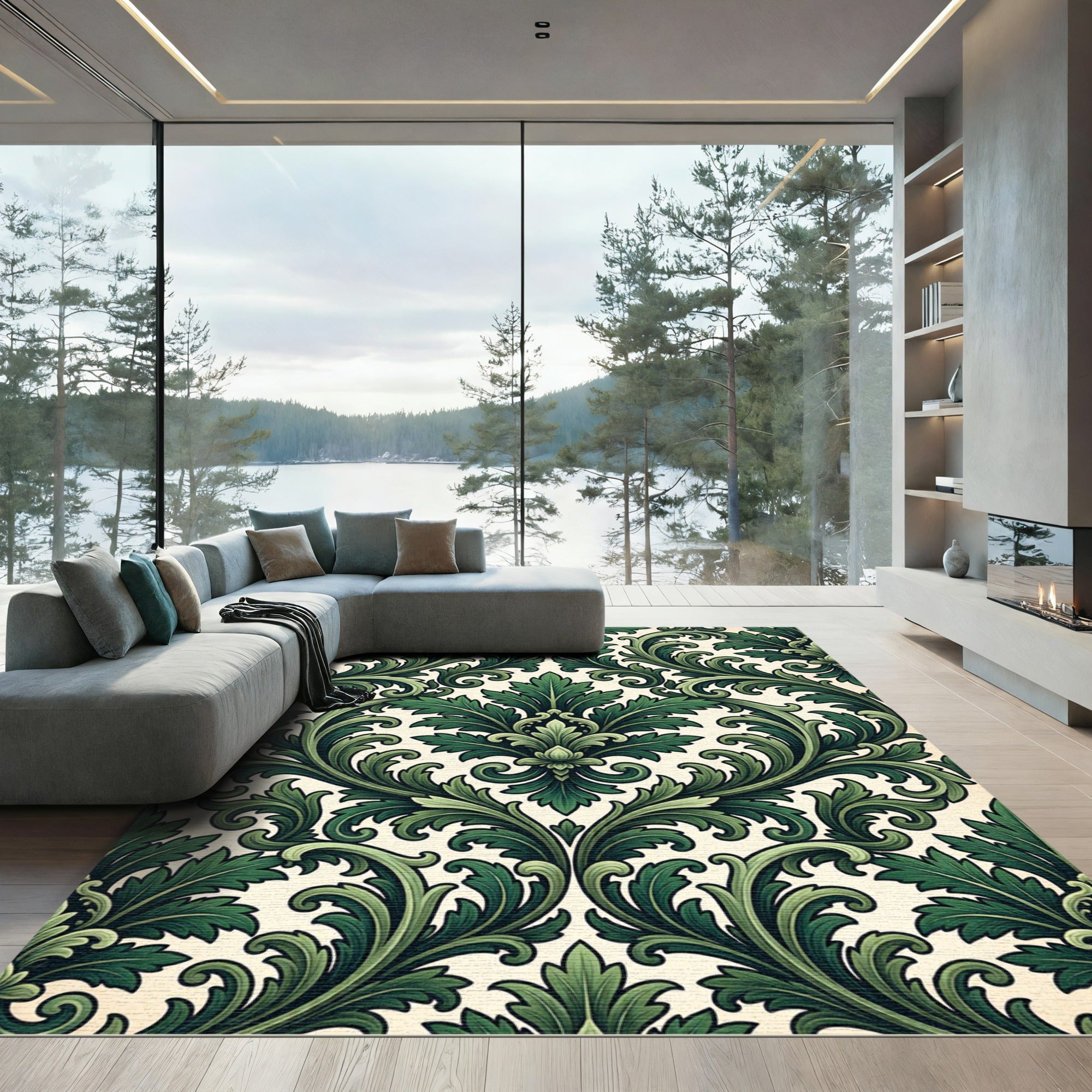 Emerald Green Baroque Floral Swirl Rug