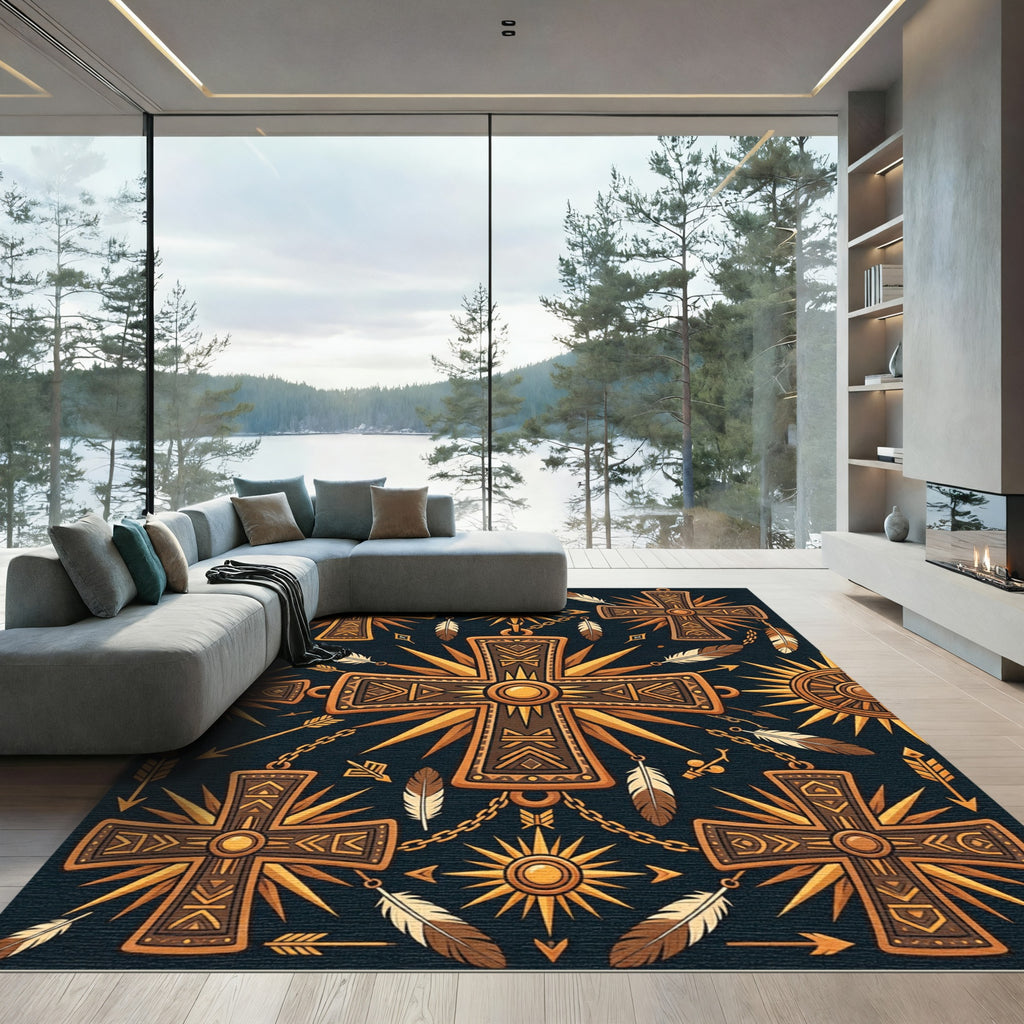 Golden Sun Tribal Crosses Feathers Rug