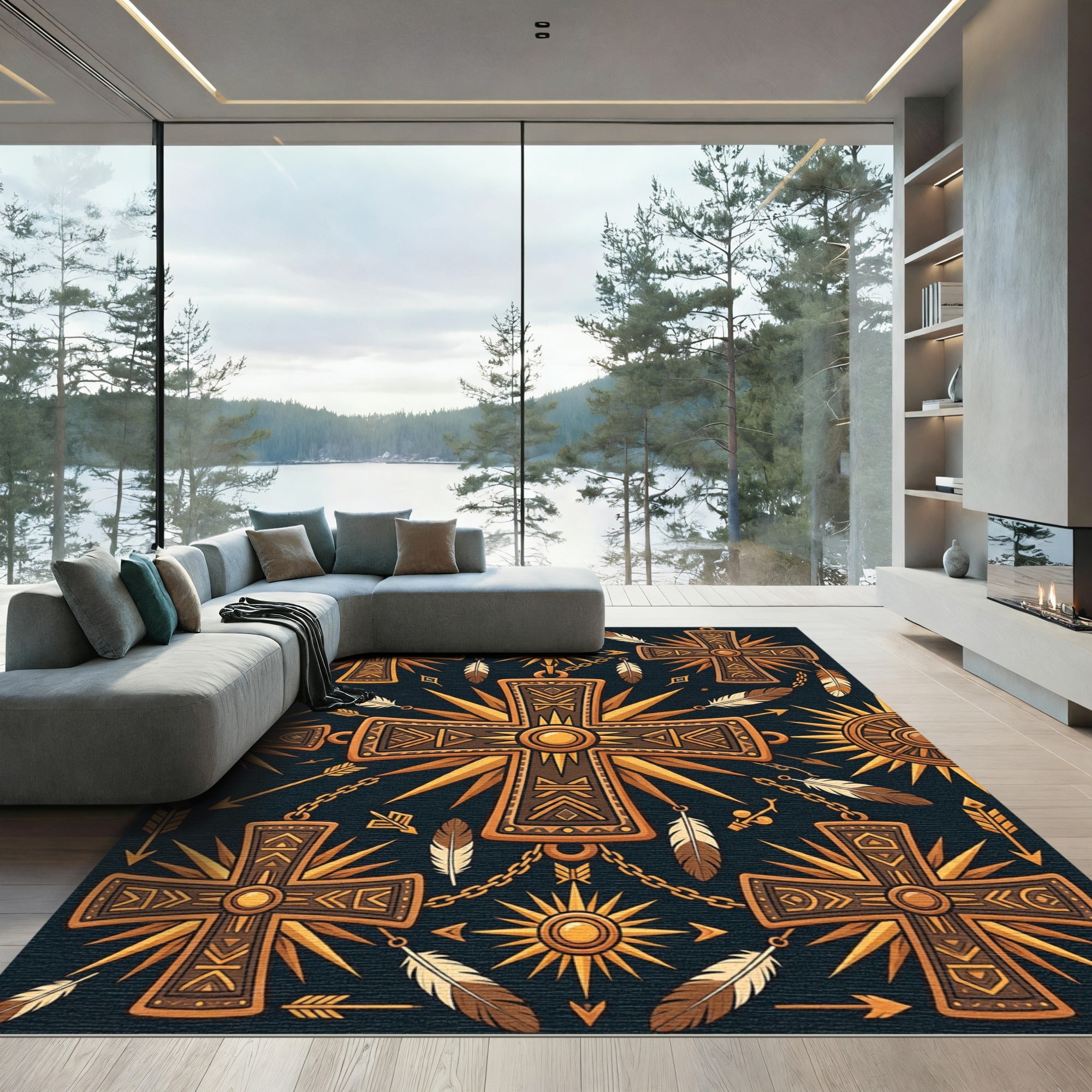 Golden Sun Tribal Crosses Feathers Rug