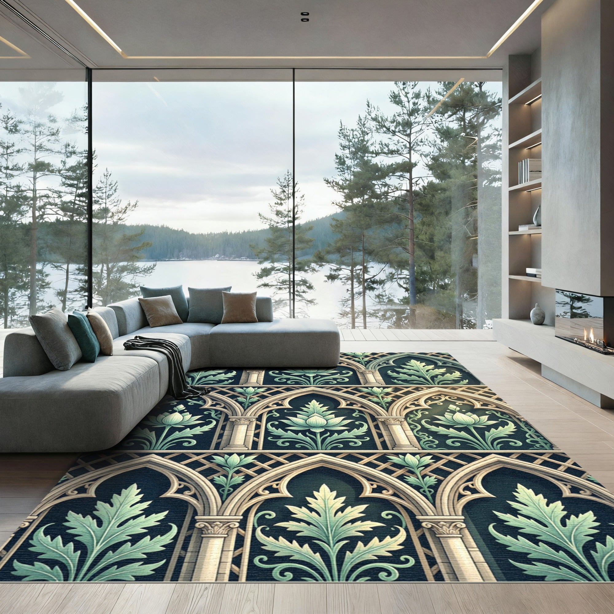 Gothic Arch Sage Lotus Floral Rug