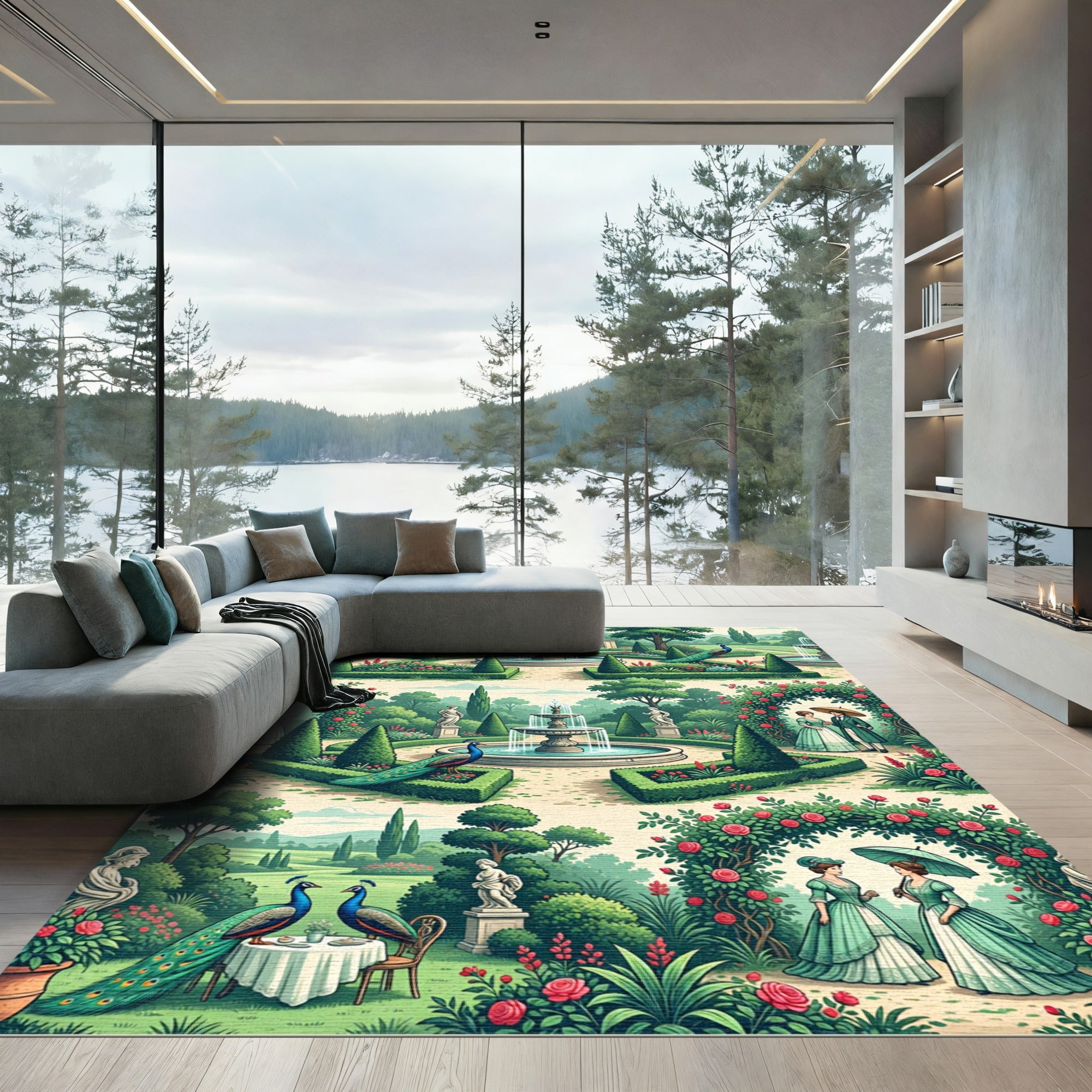 Regal Garden Scene with Peacocks and Roses Rug