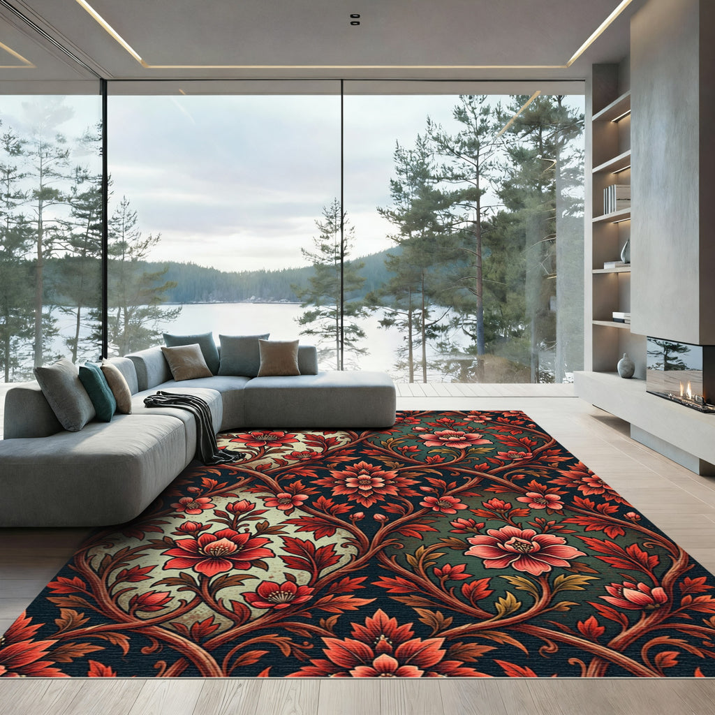 Vintage Crimson Floral Vine Scroll Rug