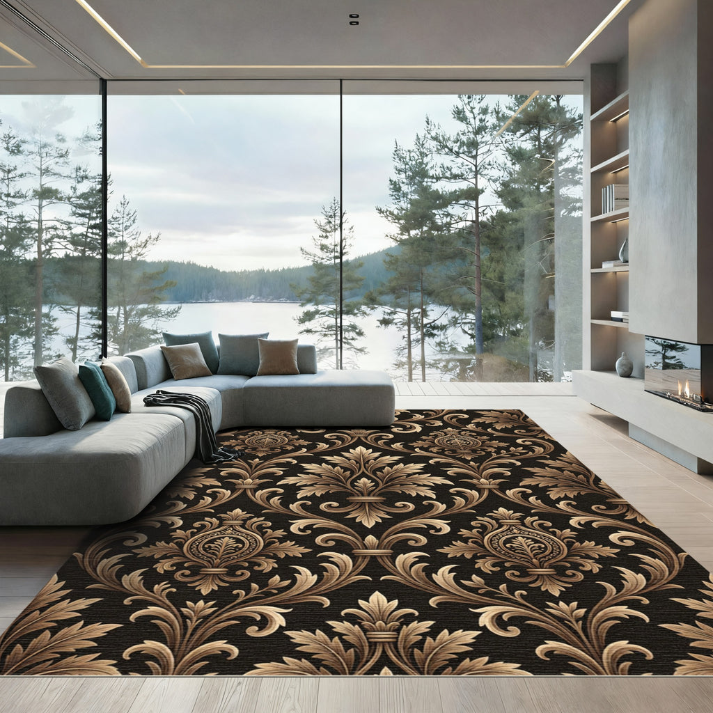Elegant Gold Damask Charcoal Swirl Rug
