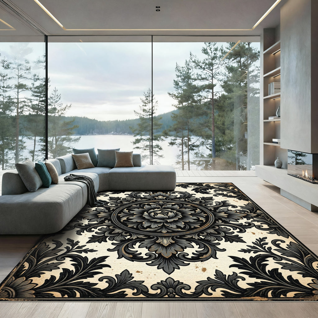 Elegant Charcoal Ornate Damask Medallion Rug