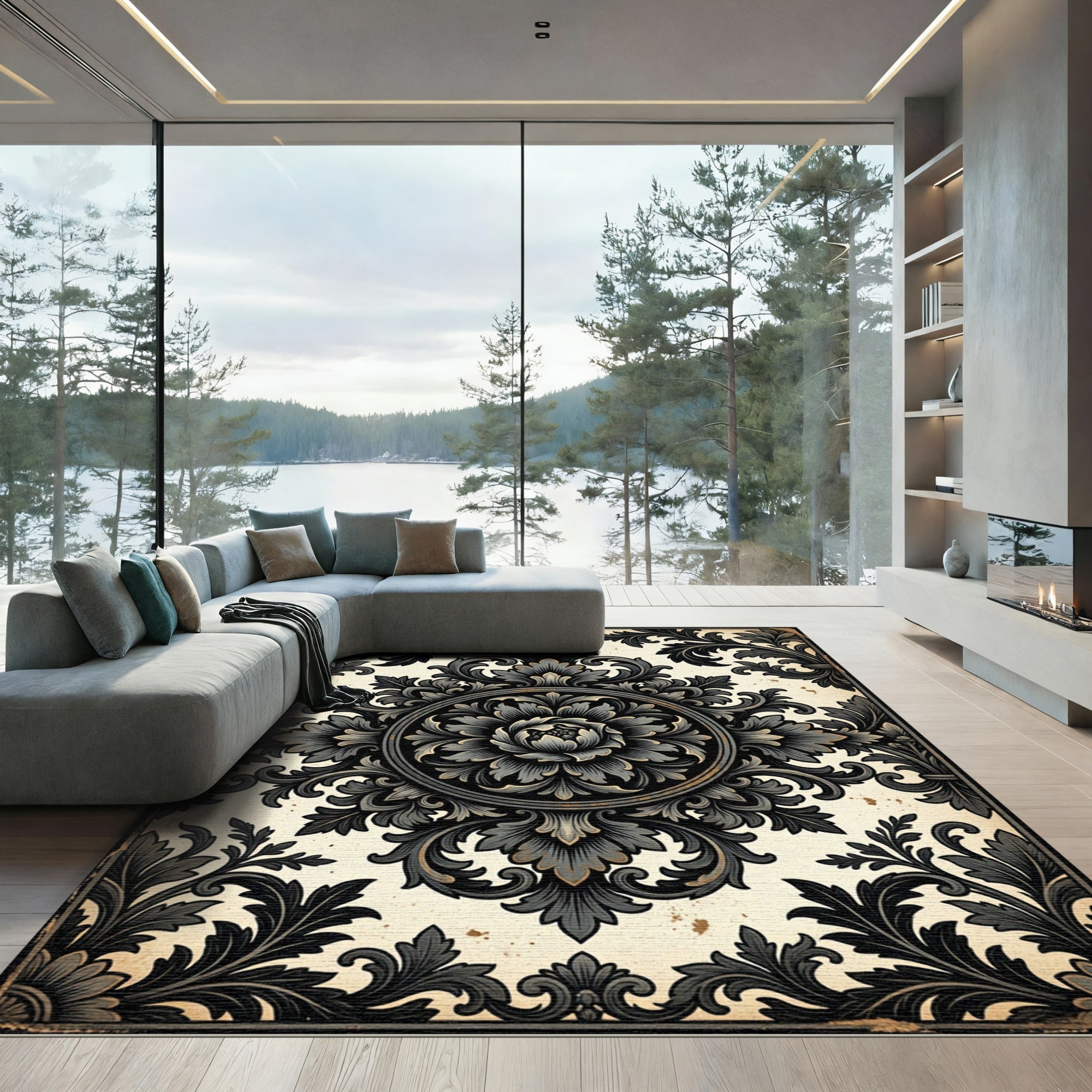 Elegant Charcoal Ornate Damask Medallion Rug