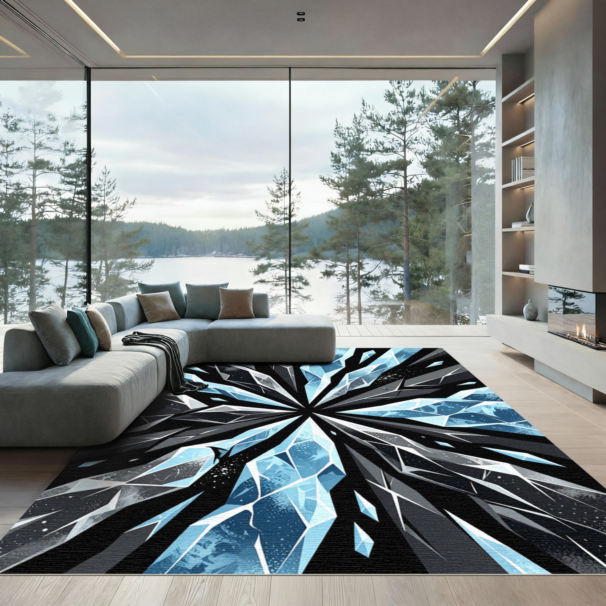 Cool Blue Shattered Ice Crystal Rug