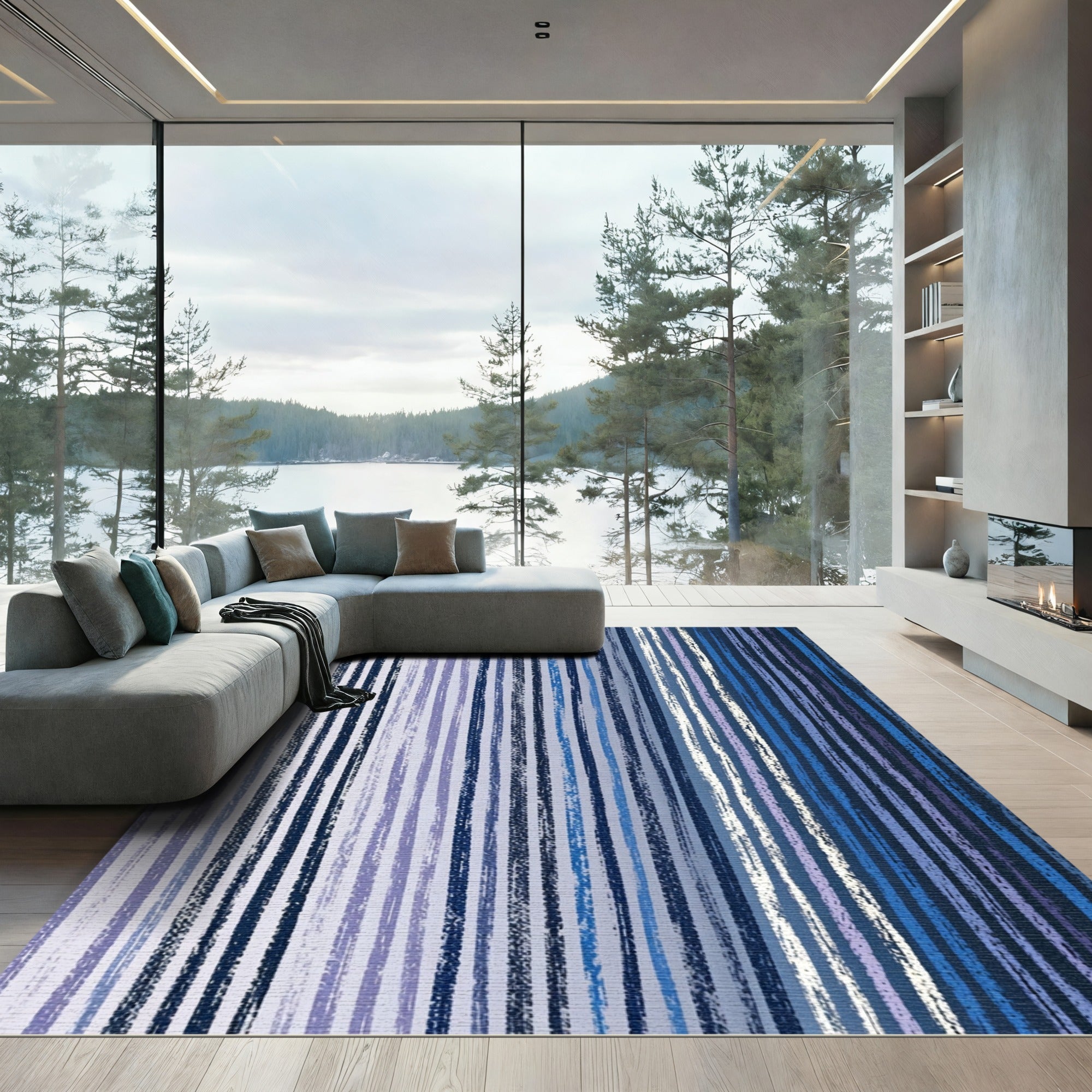 Gradient Blue Vertical Stripe Art Rug