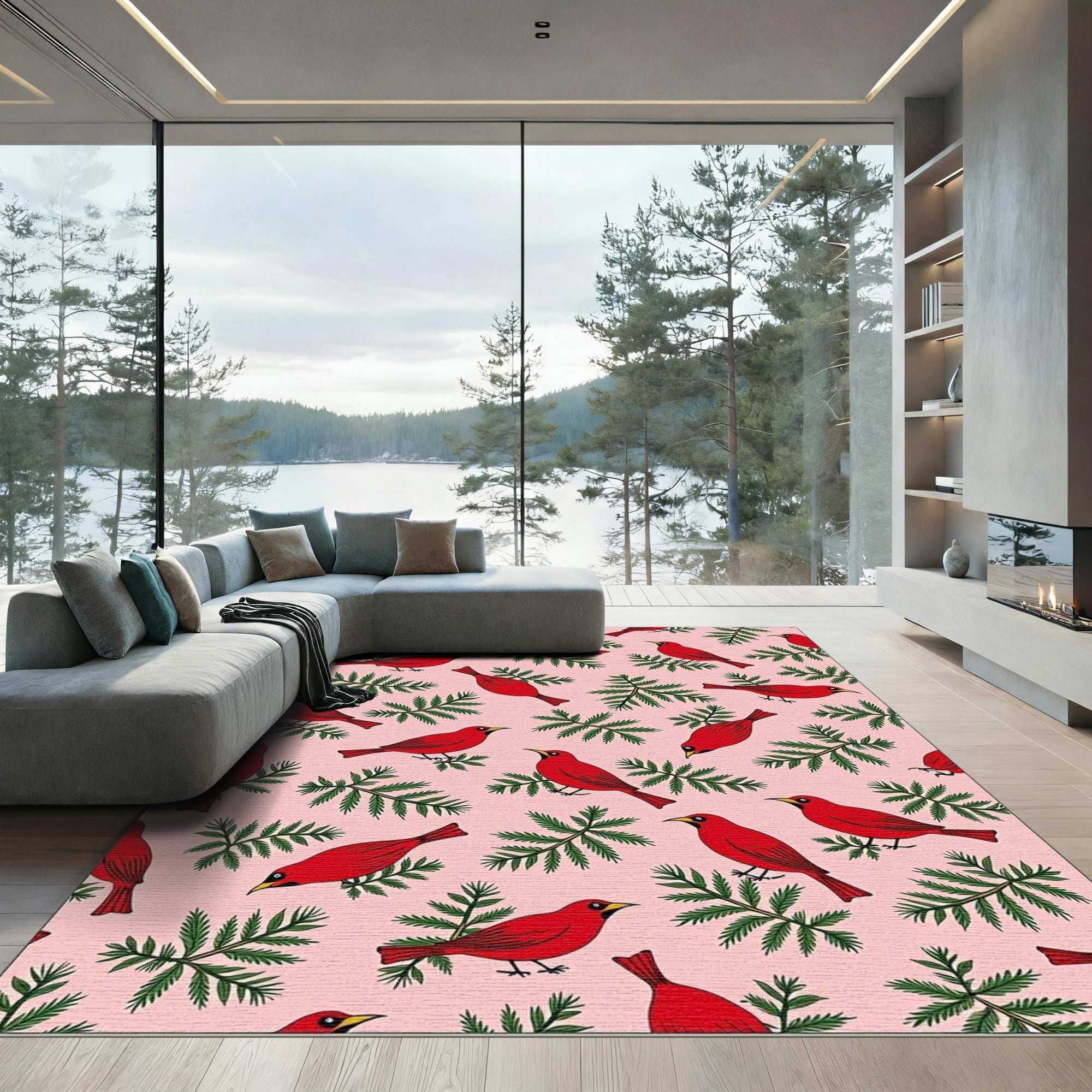 Red Cardinal Evergreen Bough Pattern Rug