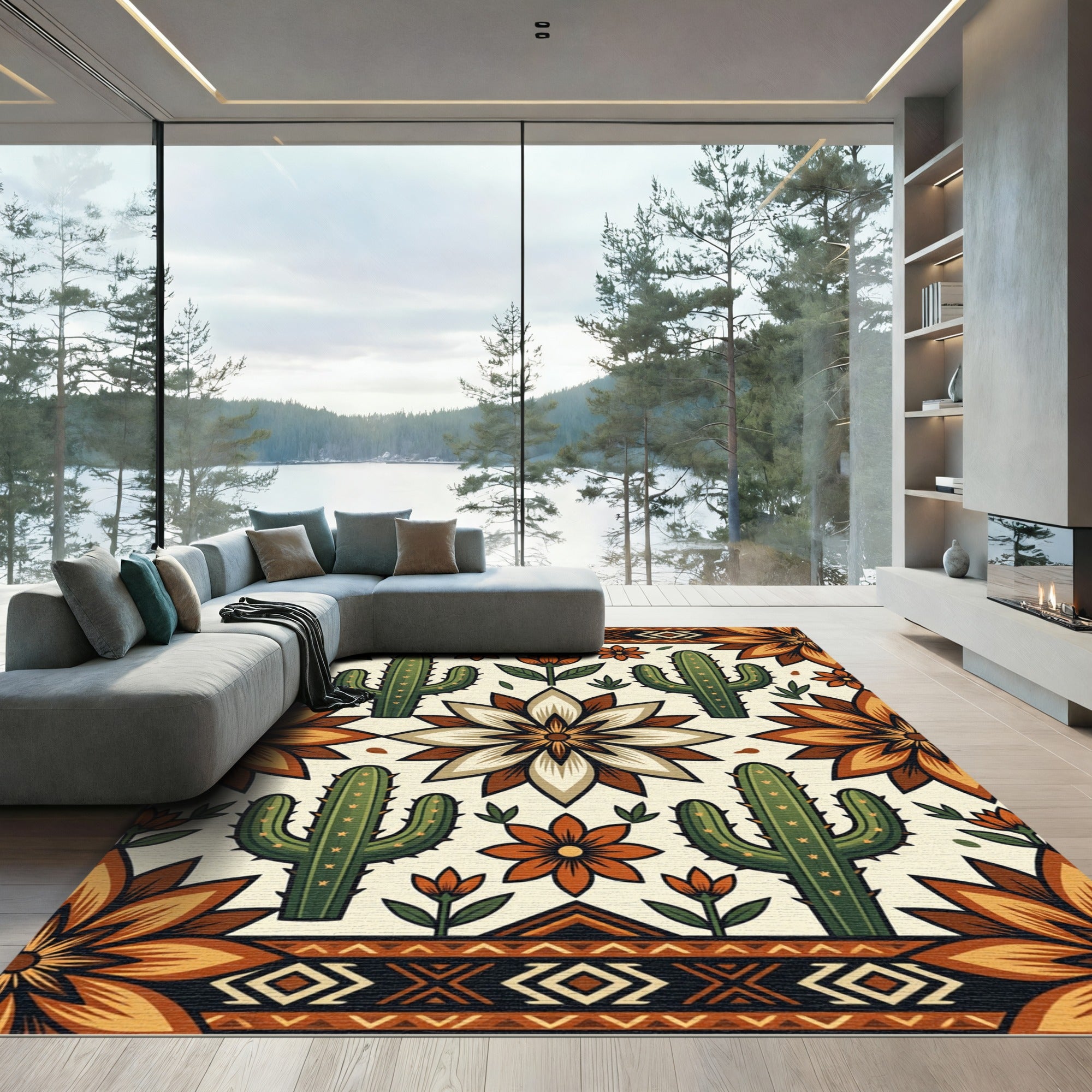 Southwestern Desert Cactus Floral Compositions Rug