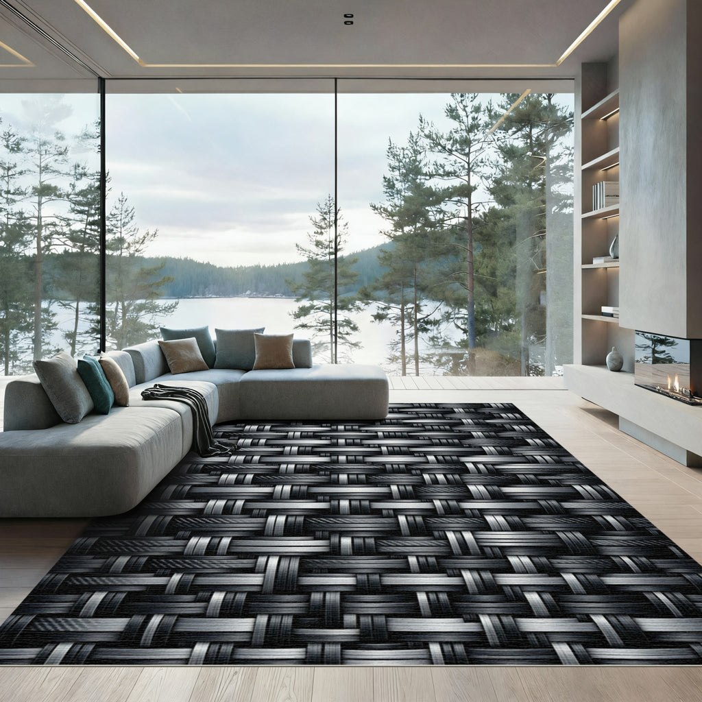 Modern Monochrome Woven Carbon Interlocking Grid Rug