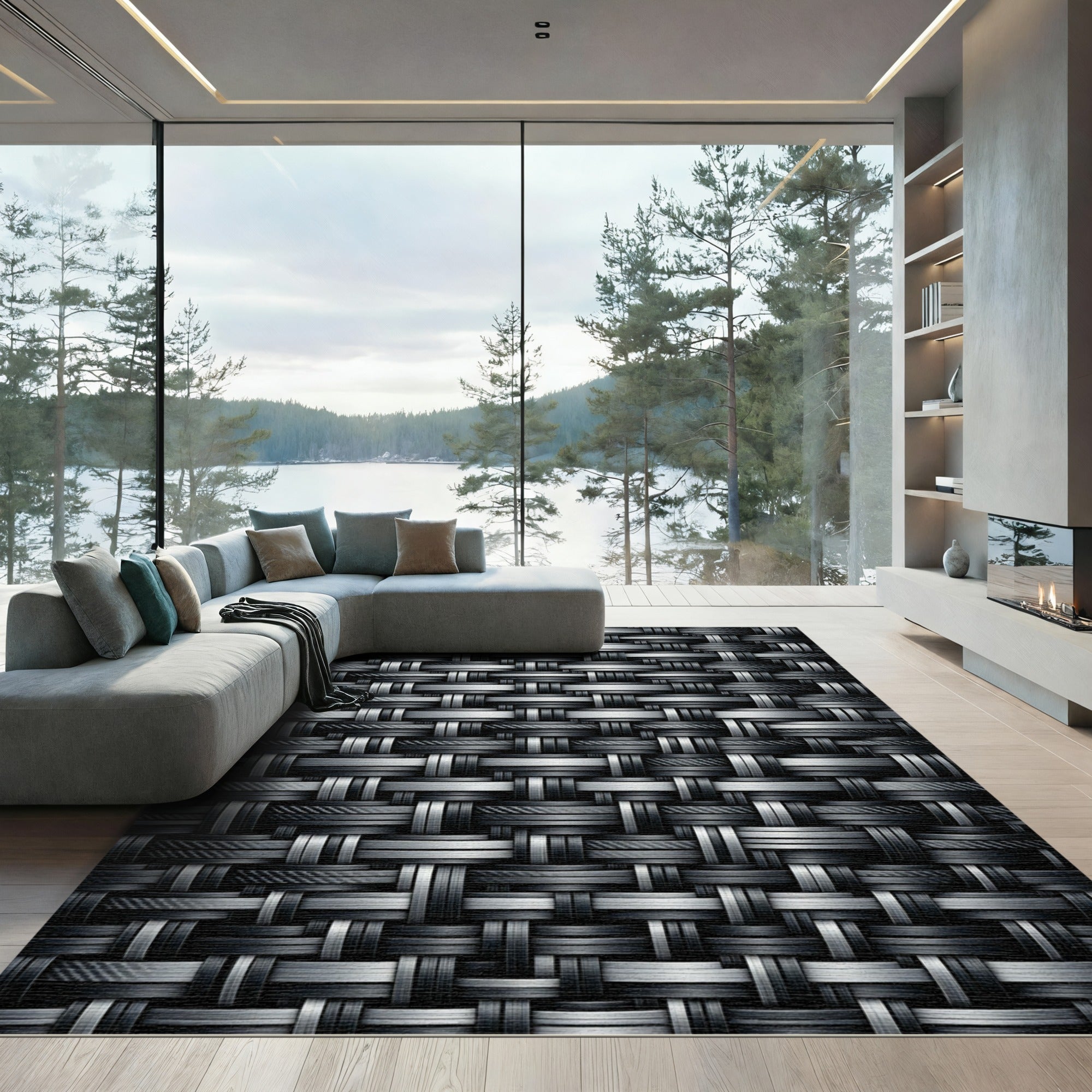Modern Monochrome Woven Carbon Interlocking Grid Rug