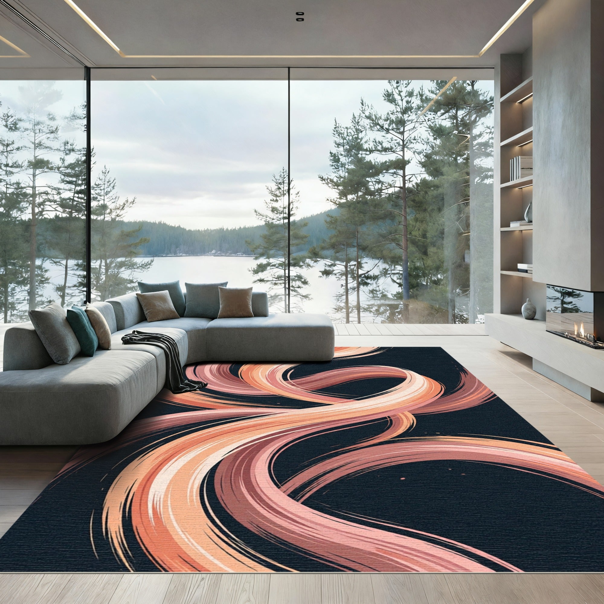 Abstract Peach and Copper Swirling Waves Rug