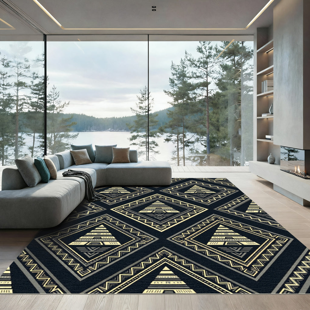 Aztec Geometric Gold Black Pyramid Rug