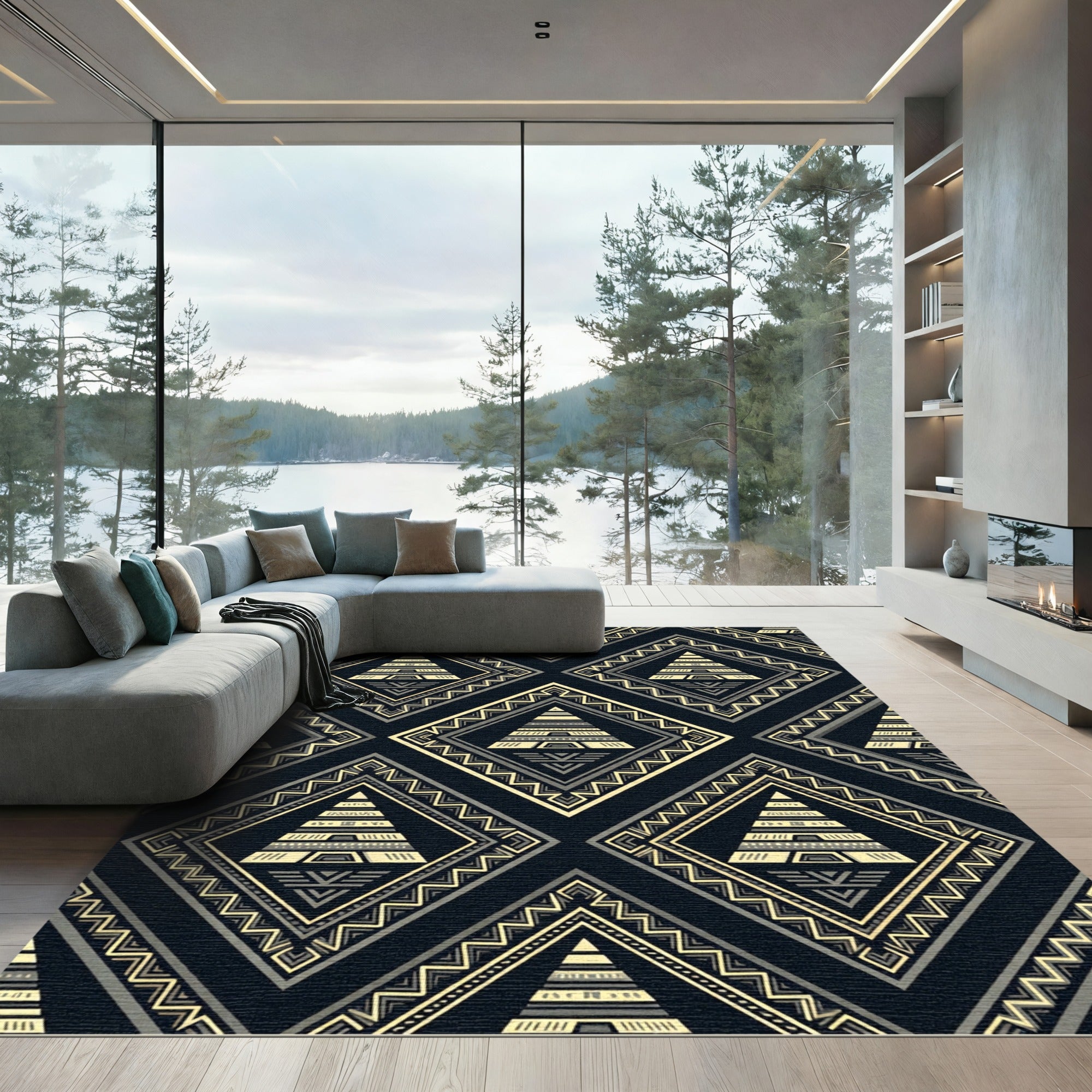 Aztec Geometric Gold Black Pyramid Rug