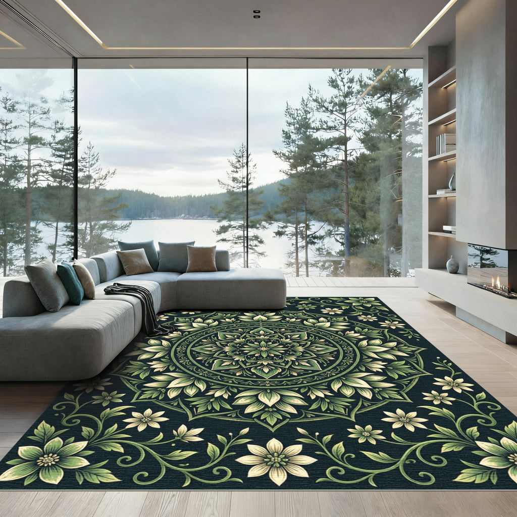 Sage Green Botanical Mandala Medallion Rug