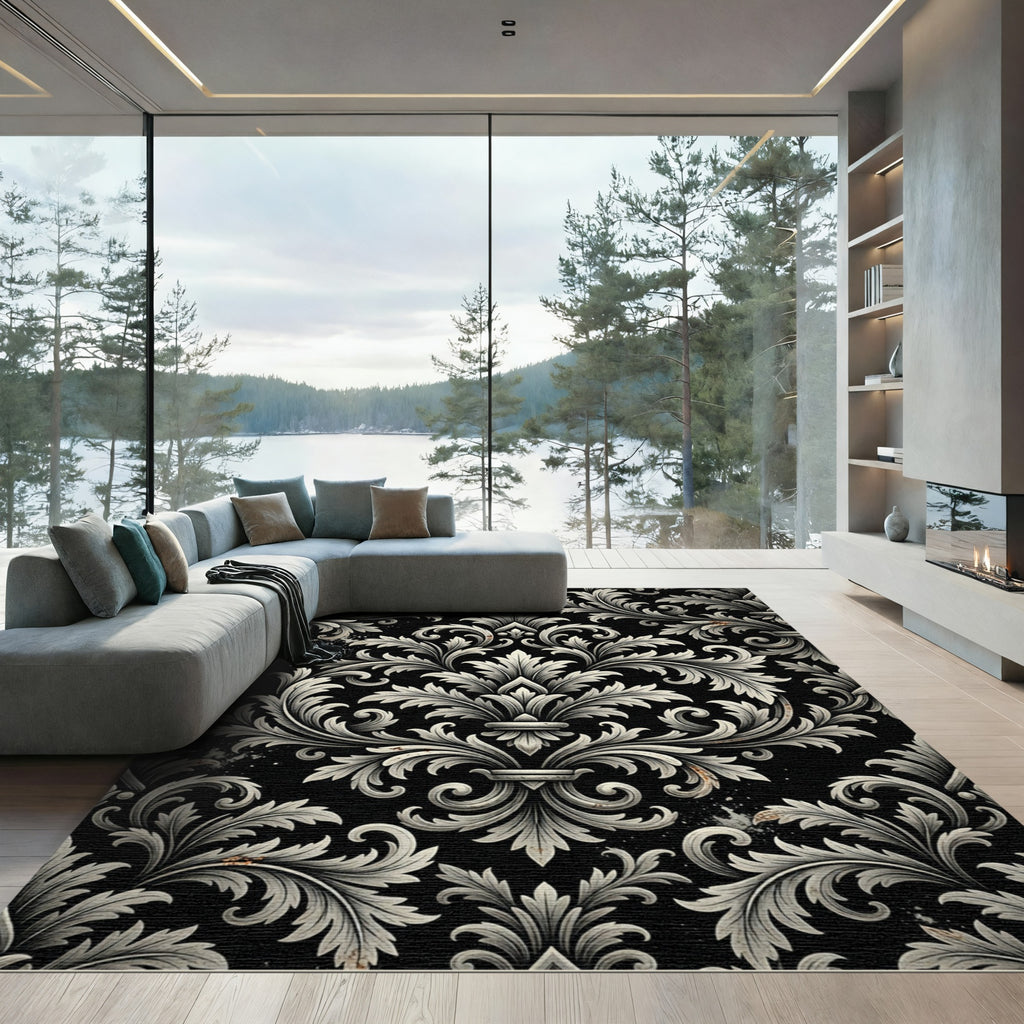 Elegant Monochrome Damask Scroll Filigree Rug