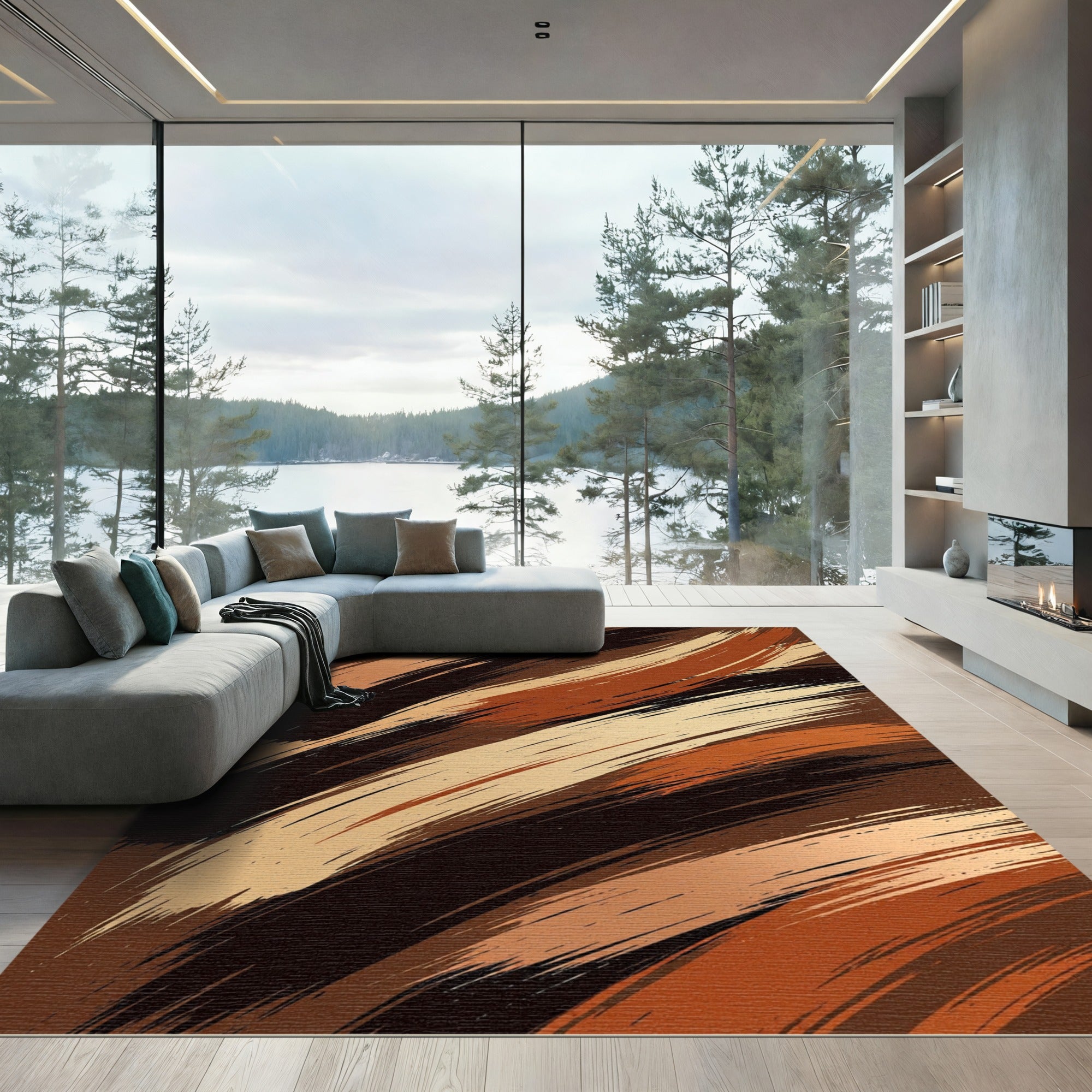 Earthy Brown Abstract Brushstroke Swirl Rug