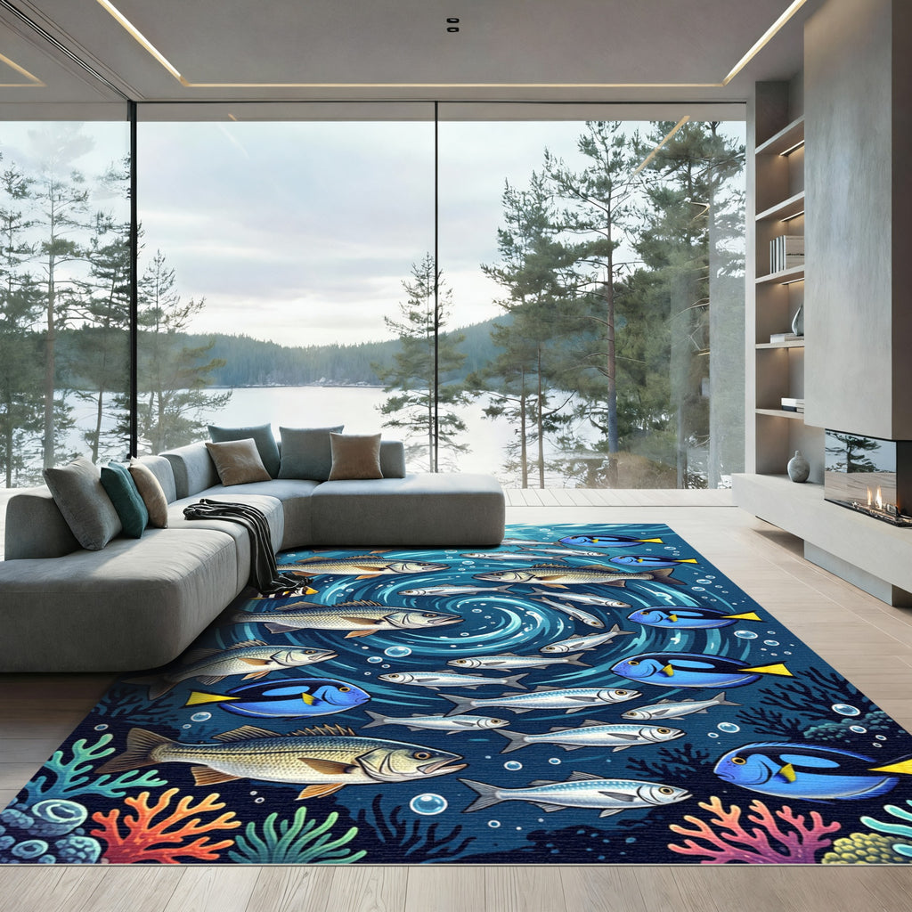 Vibrant Blue Deep Sea Schooling Fish Rug