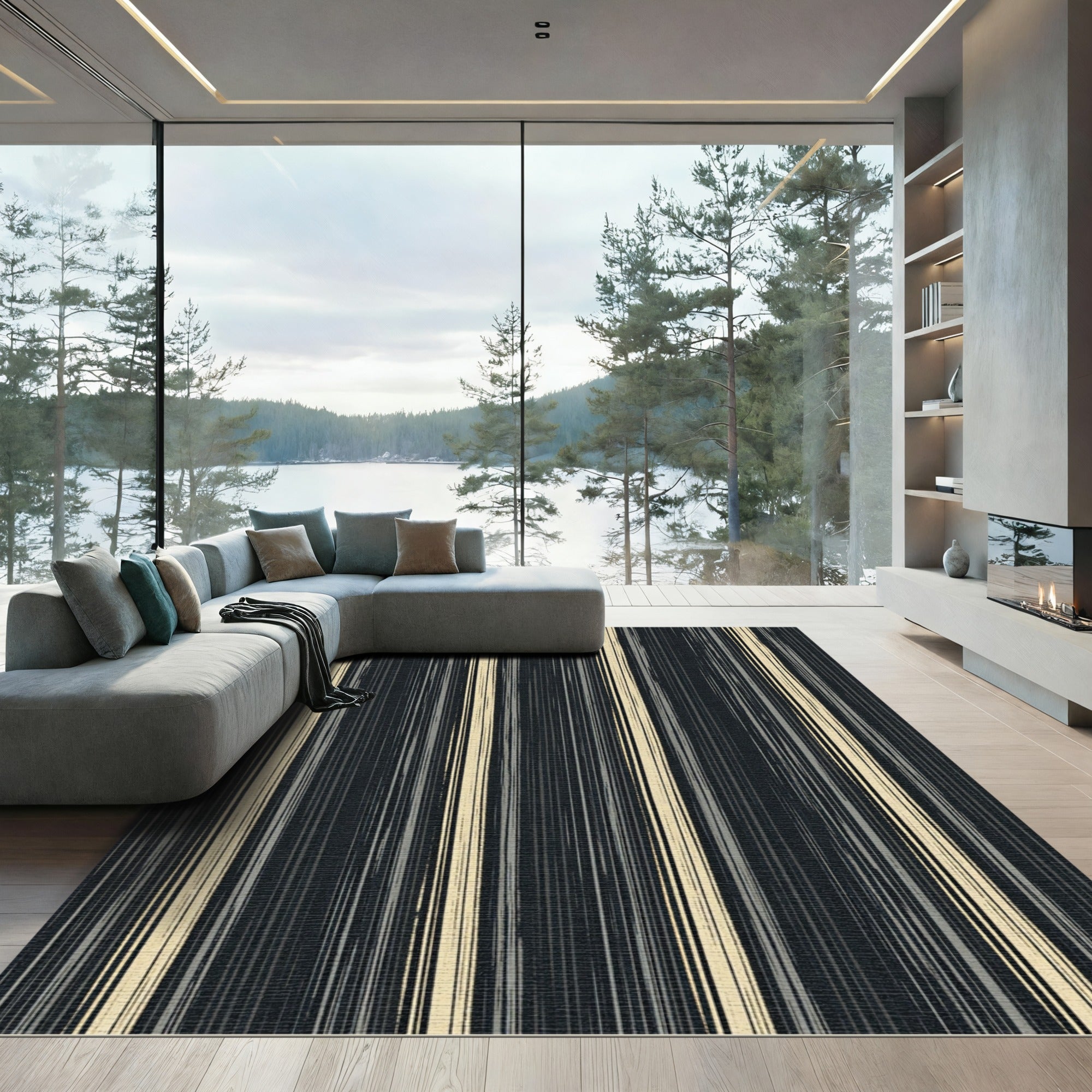 Sophisticated Black and Cream Vertical Stripe Rug