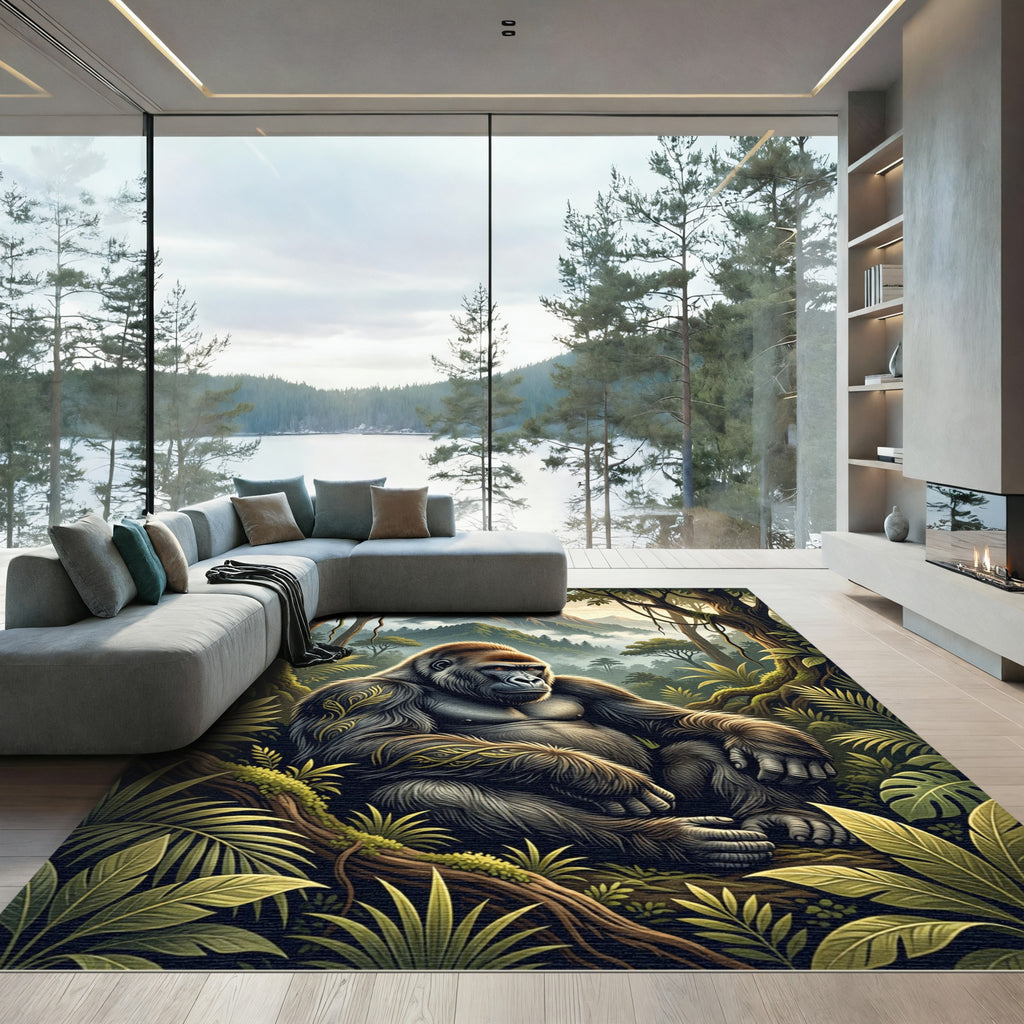 Majestic Mountain Gorilla Tropical Forest Landscape Rug