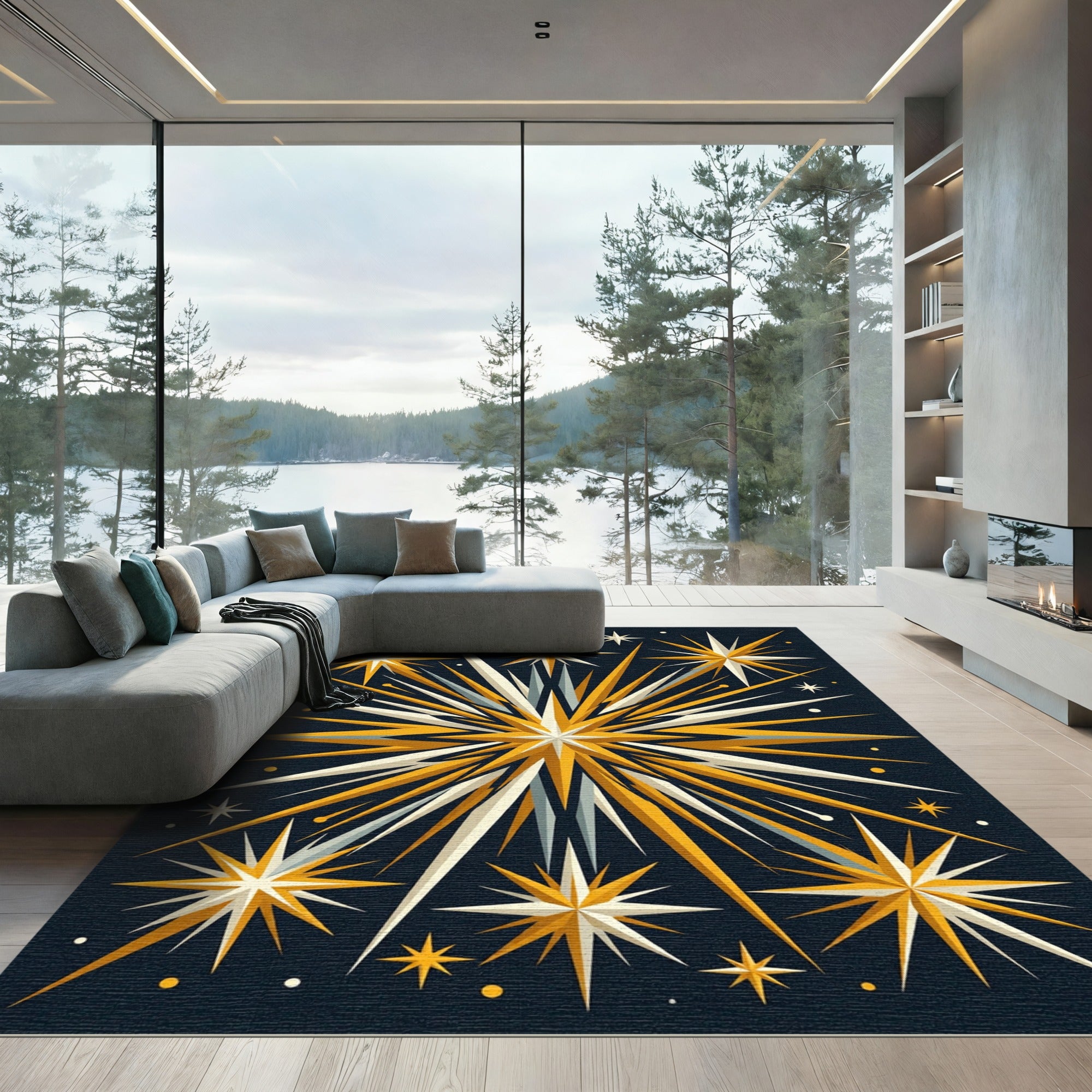 Golden Starburst Bursting Night Sky Rug
