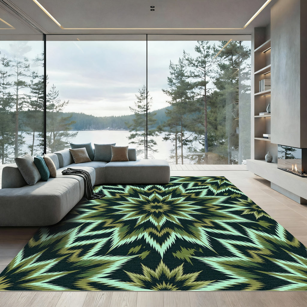 Green Golden Starburst Kaleidoscope Rug