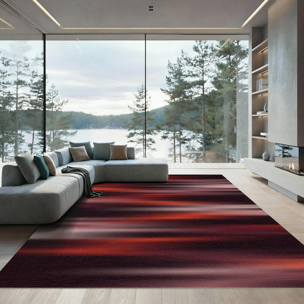 Ethereal Crimson Shadow Linear Abstract Rug