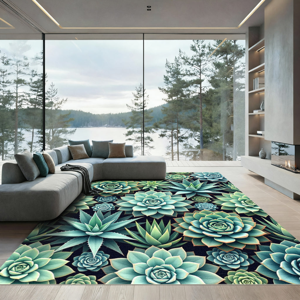 Lush Teal Succulent Botanical Flora Rug