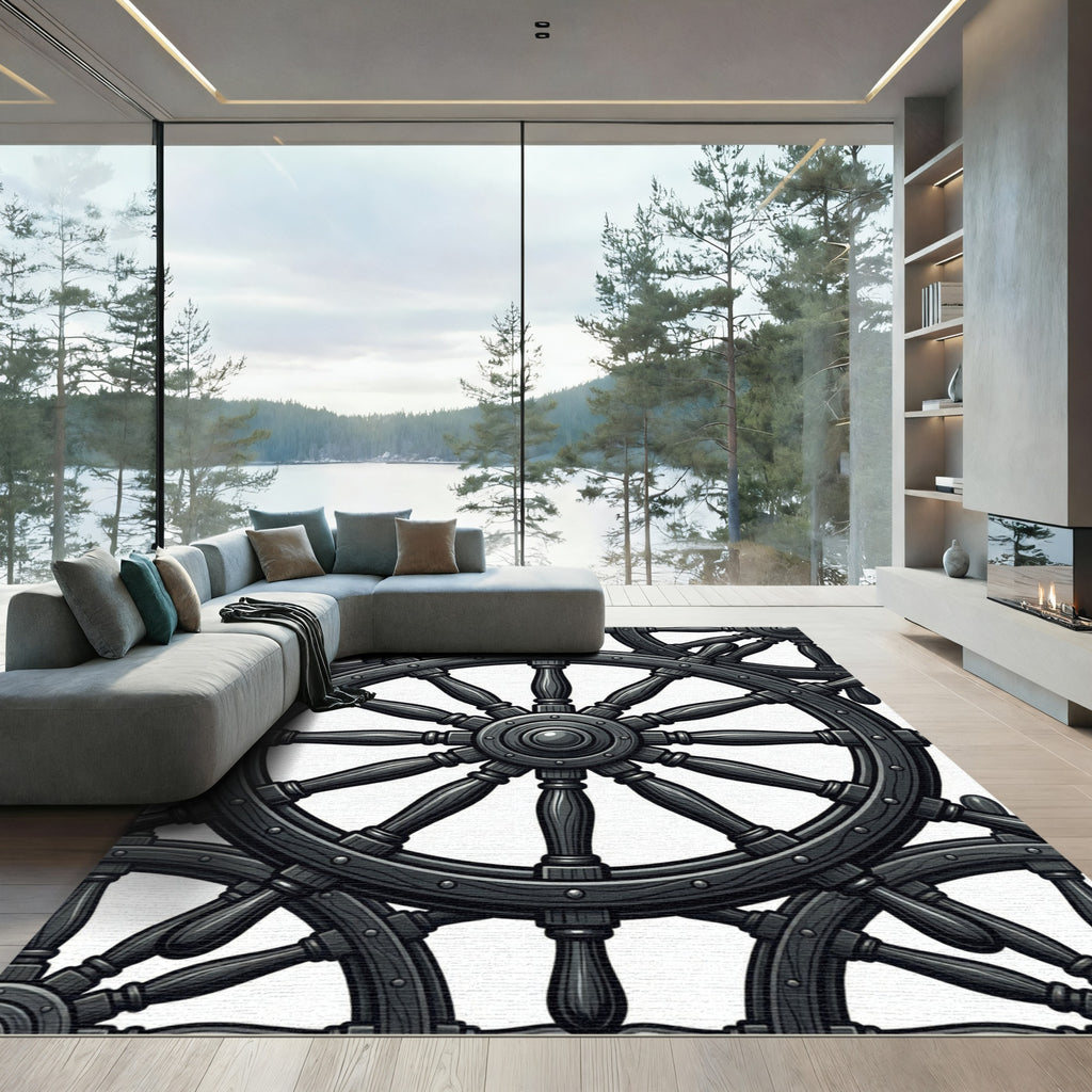 Charcoal Nautical Ship Wheel Intertwined Rug