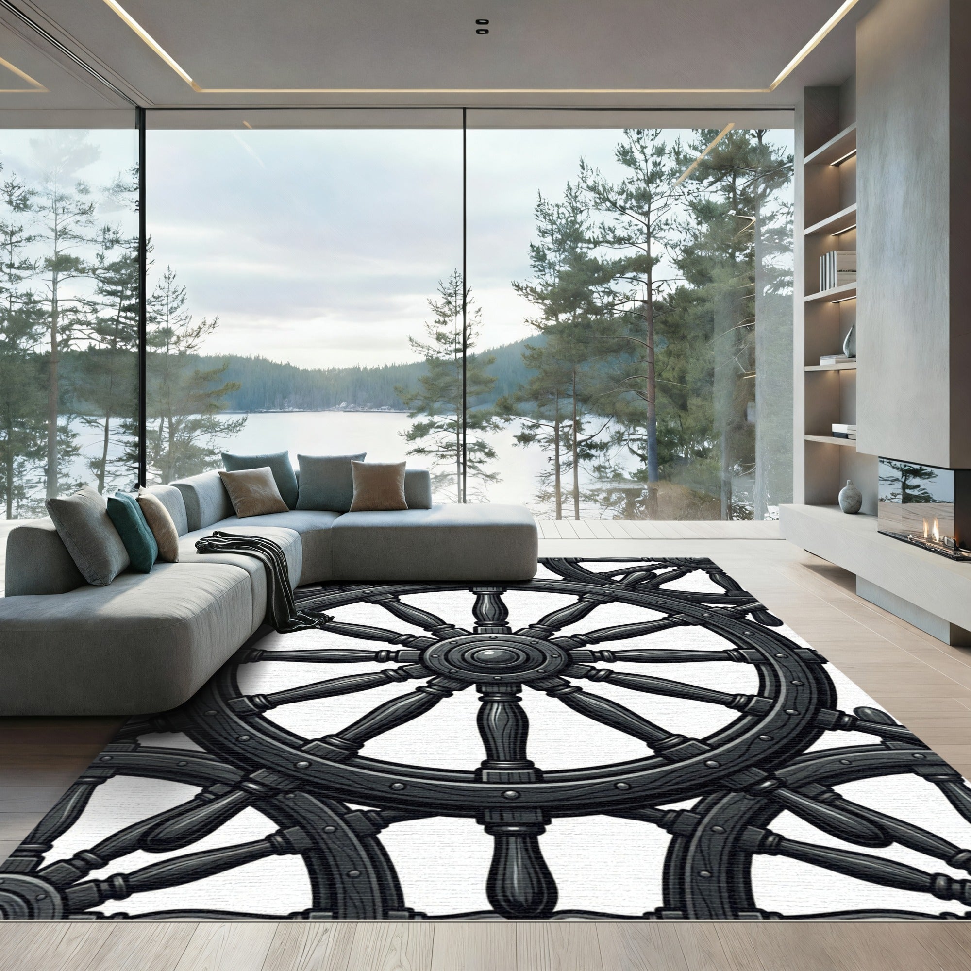 Charcoal Nautical Ship Wheel Intertwined Rug