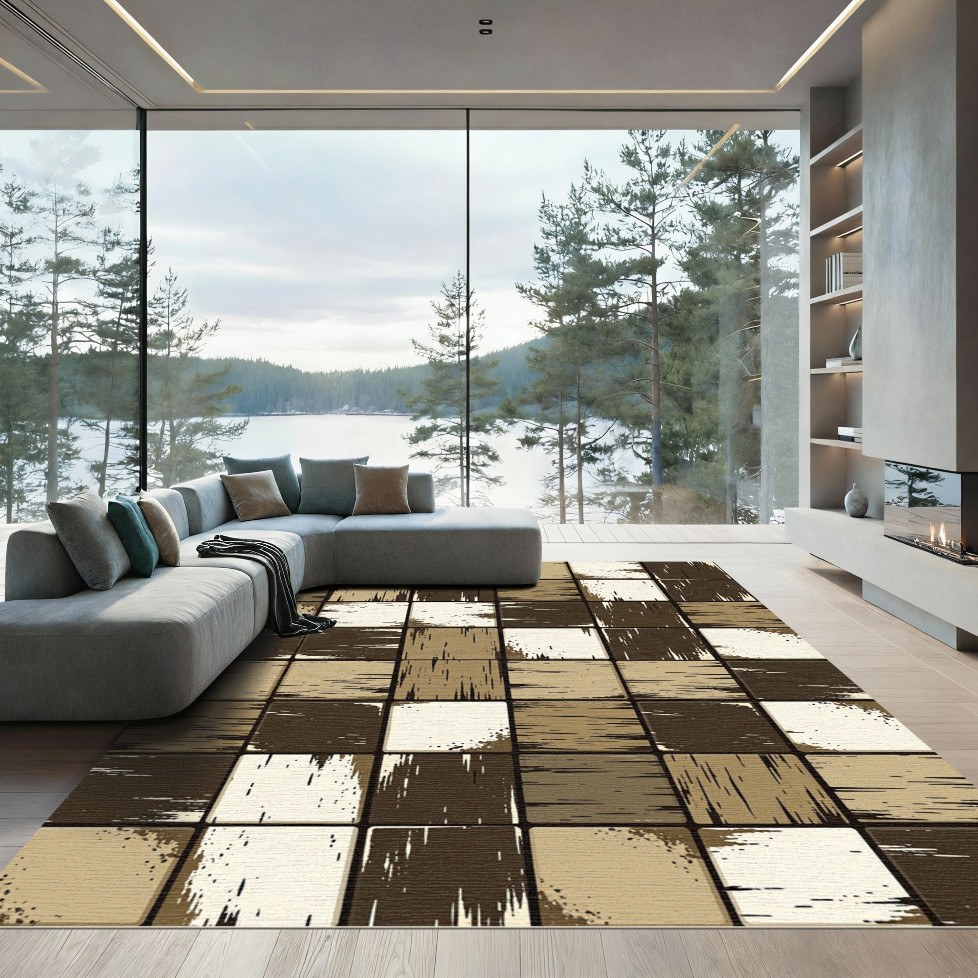 Rustic Wood Grain Checkered Rug