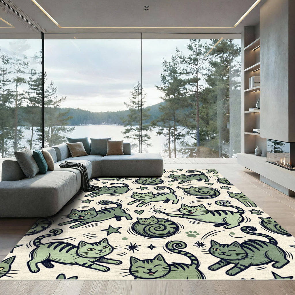 Whimsical Sage Green Cat Star Illustration Rug