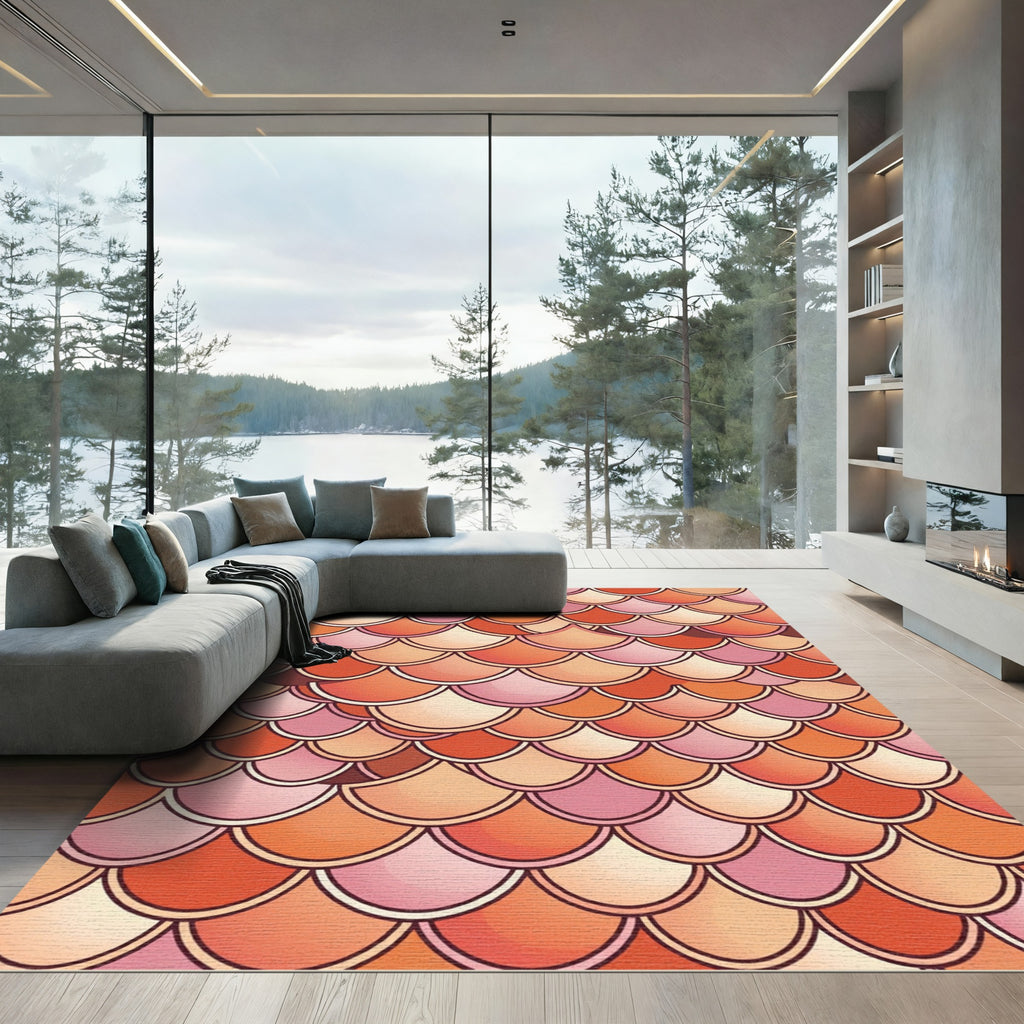 Coral Sunset Scalloped Fish Scale Rug