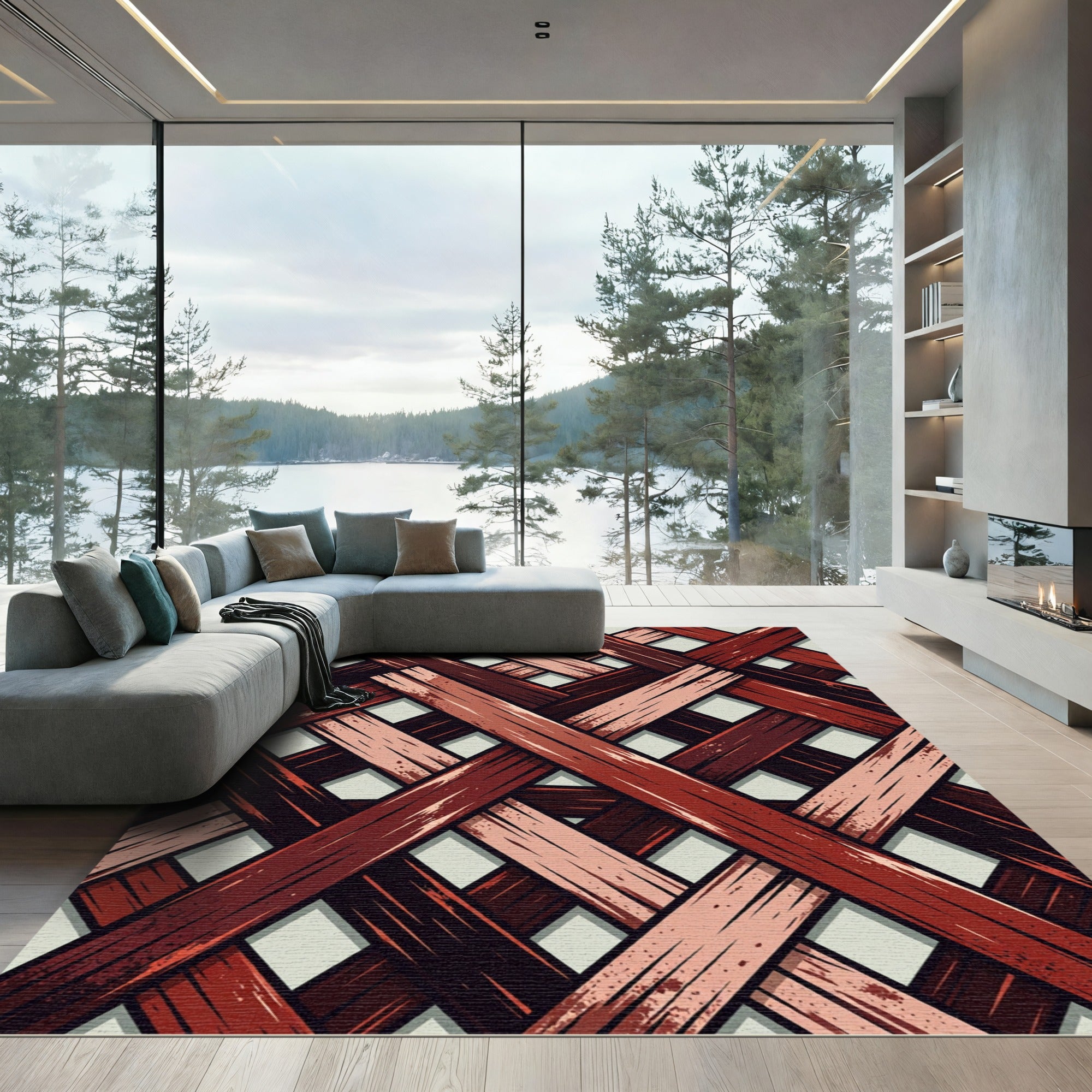 Interwoven Crimson and Blush Diagonal Lattice Rug