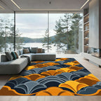 Golden Brown Blue Art Deco Waves Rug