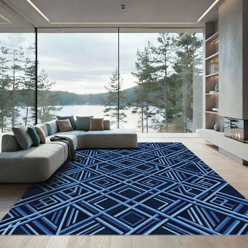 Navy Blue Interlocking Geometric Diamond Grid Rug