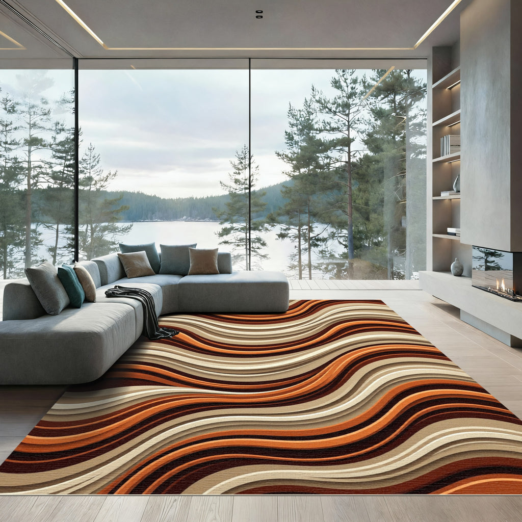 Earthy Terracotta Wavy Abstract Line Rug