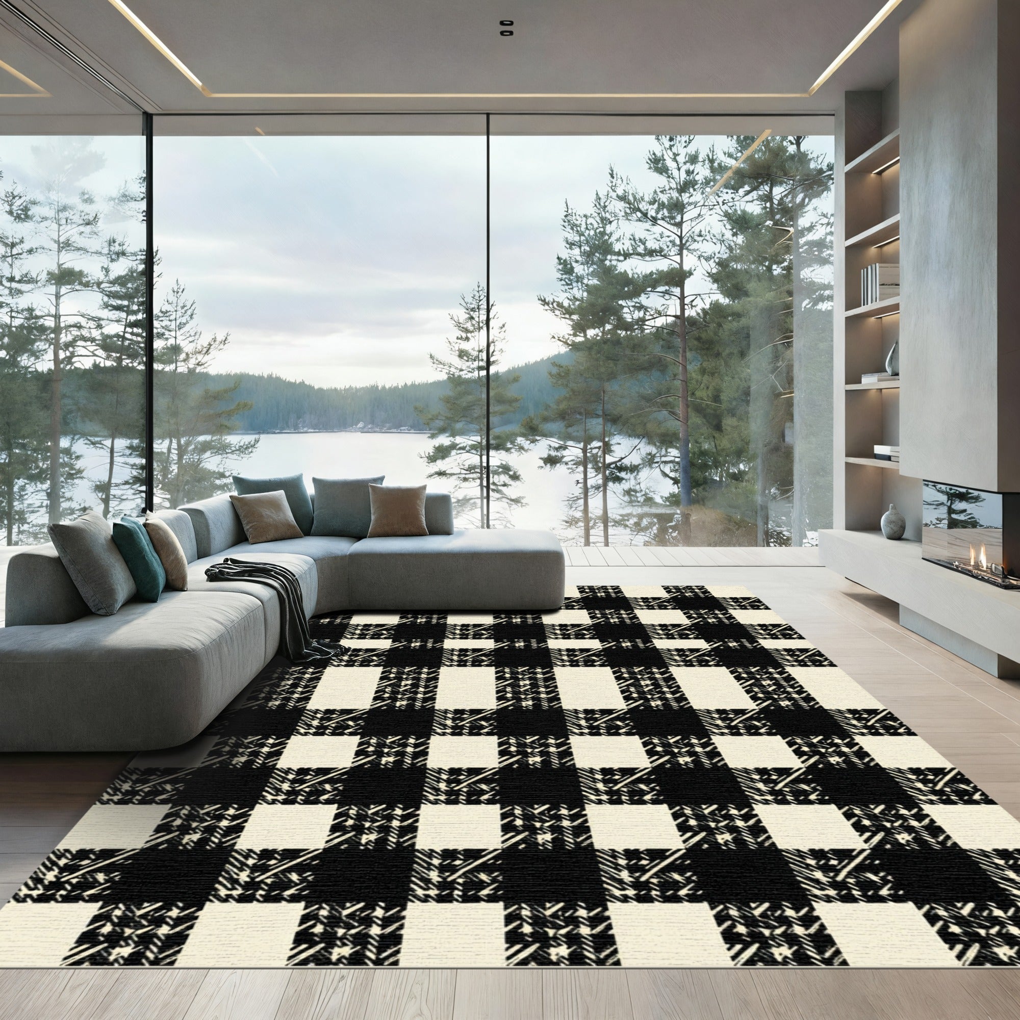 Monochrome Black and Cream Buffalo Check Rug