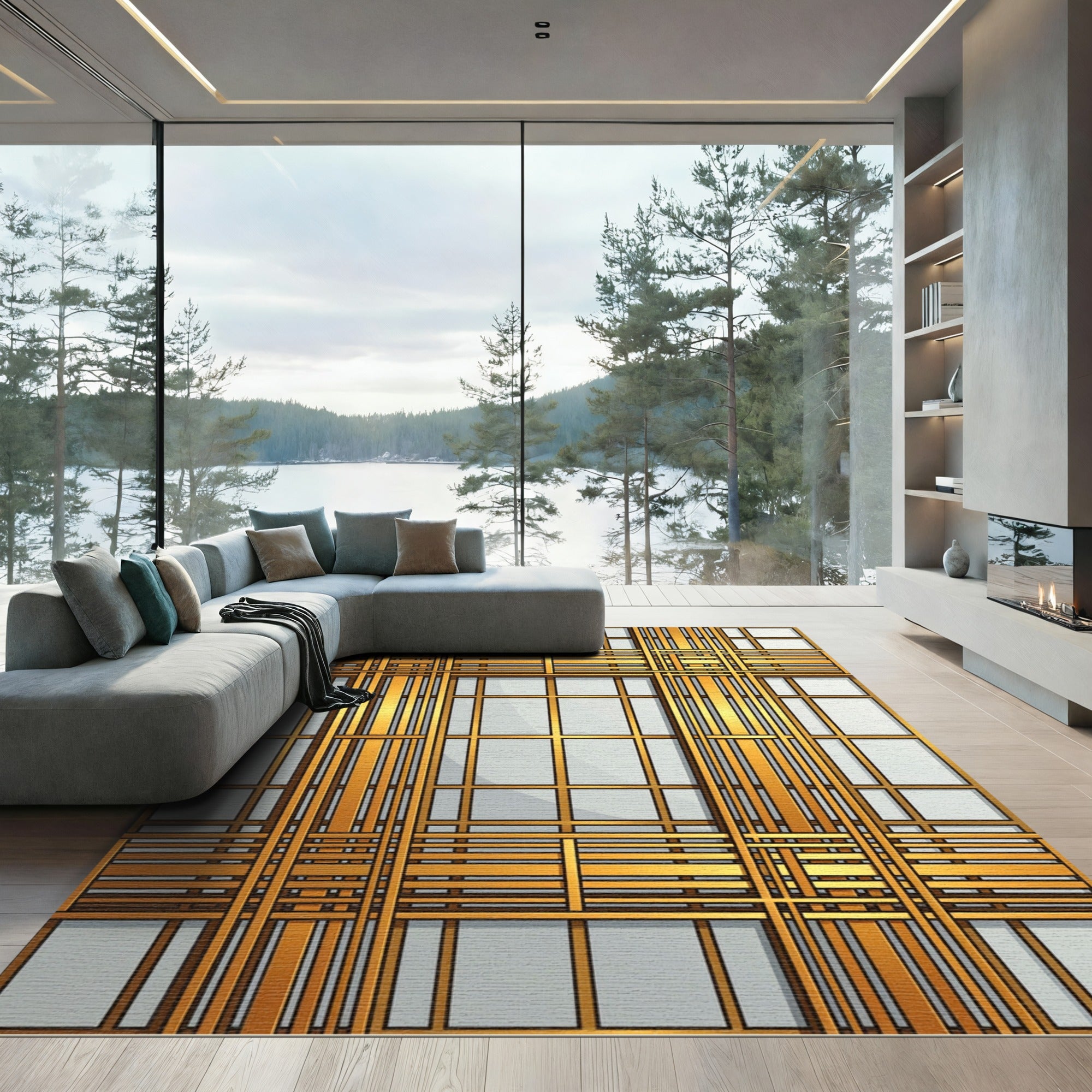 Luxurious Gold Grid Geometric Metallic Accent Rug